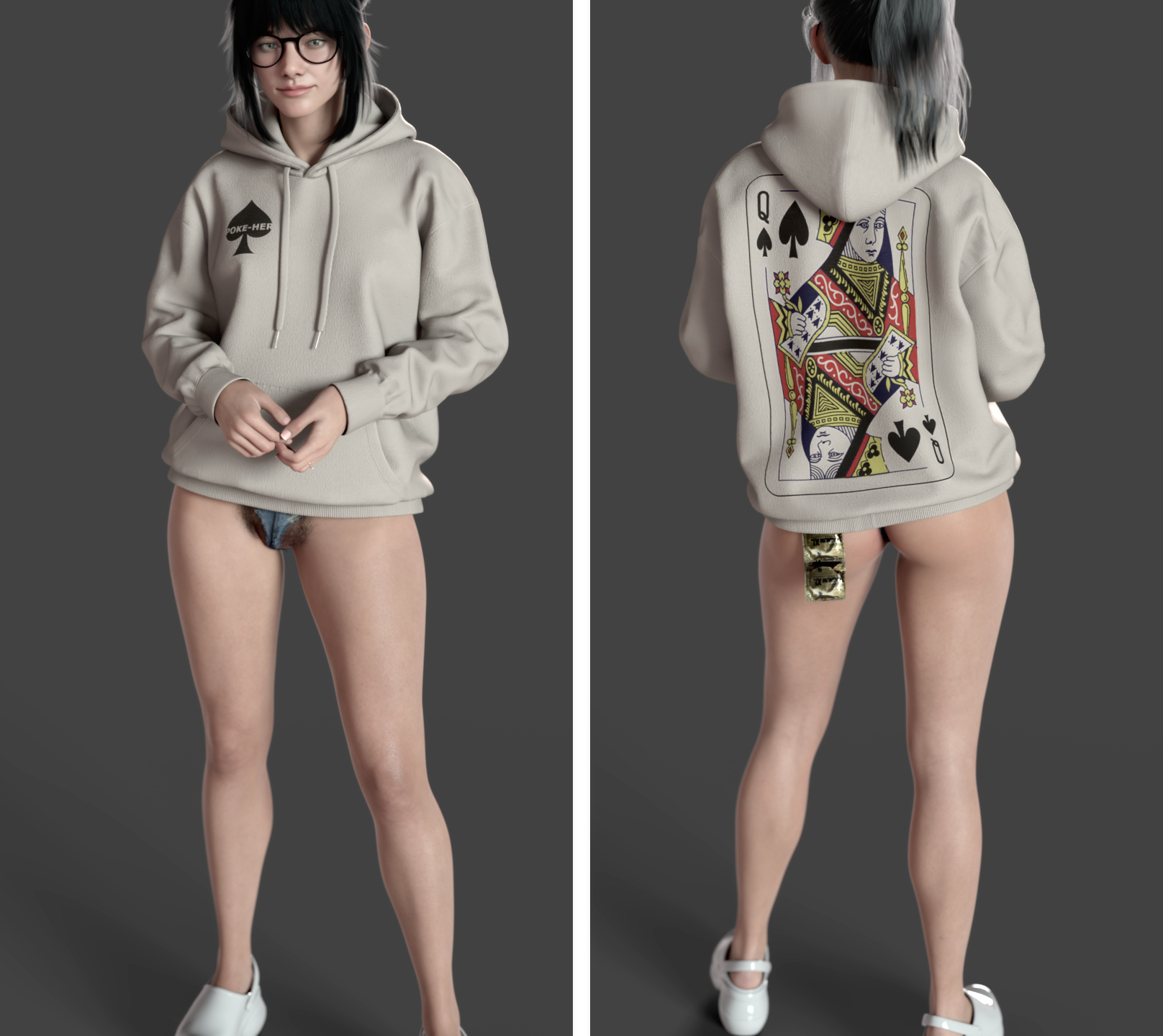 3d, 3d (artwork), ass, bangs, black hair, cheating, cheating wife, condom, condom packet strip, condom wrapper, condoms, cuckold, dark hair, front and back, glasses, hdr ntrgirl, hdregrets, hoodie, hot pants, hotpants, jean shorts, micro shorts, microshorts, minishorts, netorare, ntr, pubic hair, queen of spades, queen of spades symbol, wedding ring