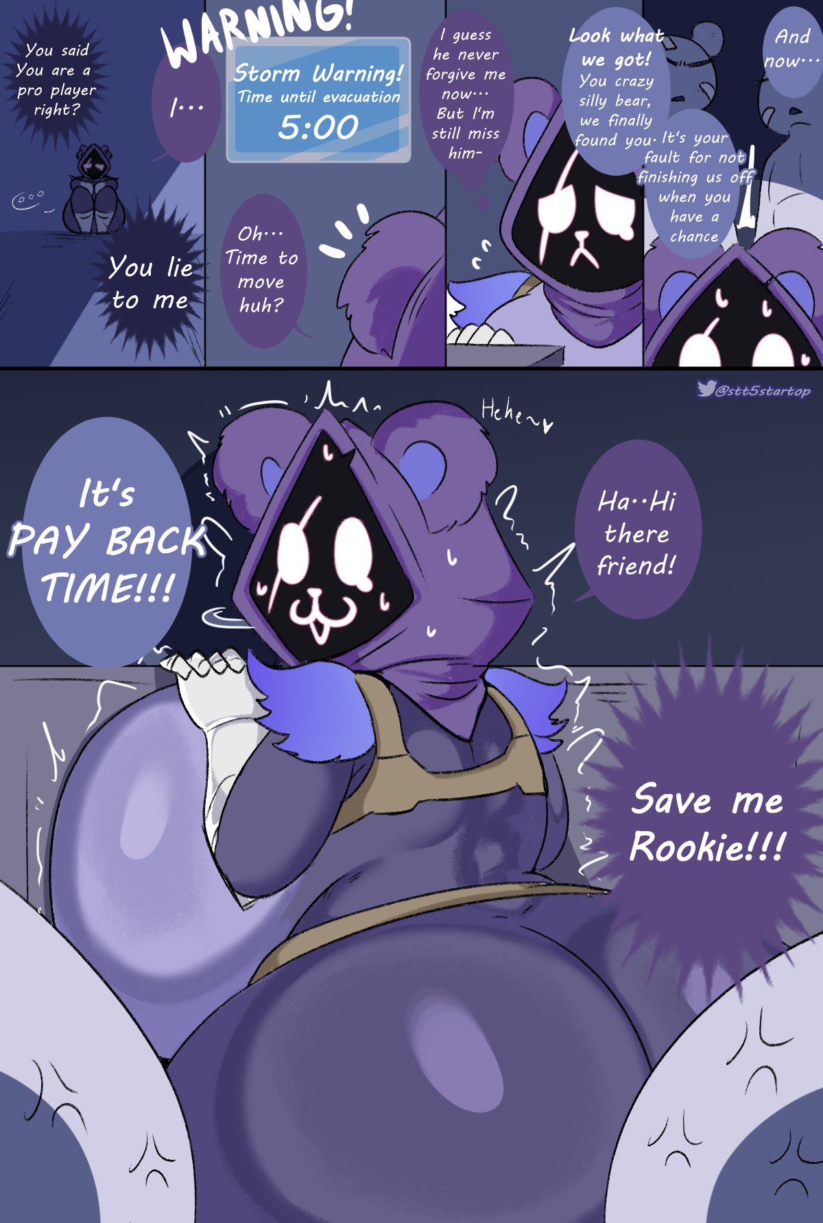 1girls, 2boys, anonymous male, anthro, artist name, ass, bear ears, big ass, big breasts, big thighs, blush, breasts, comic, dialogue, female, fortnite, gigantic ass, gigantic breasts, gigantic thighs, huge ass, huge breasts, huge thighs, hyper, hyper ass, hyper breasts, hyper thighs, licking ass, male, massive ass, massive breasts, purple body, raven team leader, size difference, startop, sweat, sweatdrop, sweating, text, thick thighs, thighs