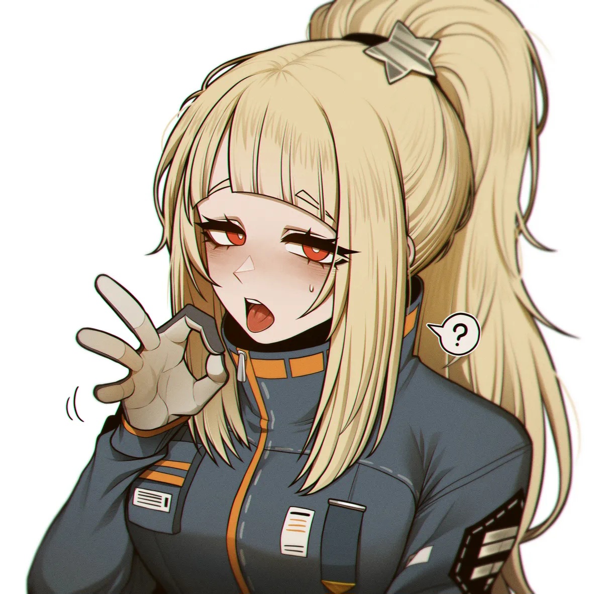 1girls, blonde female, blonde hair, blowjob gesture, blush, distortion detective, ezra (distortion detective), misg1111, open mouth, ponytail, project moon, red eyes, suggestive look, white background