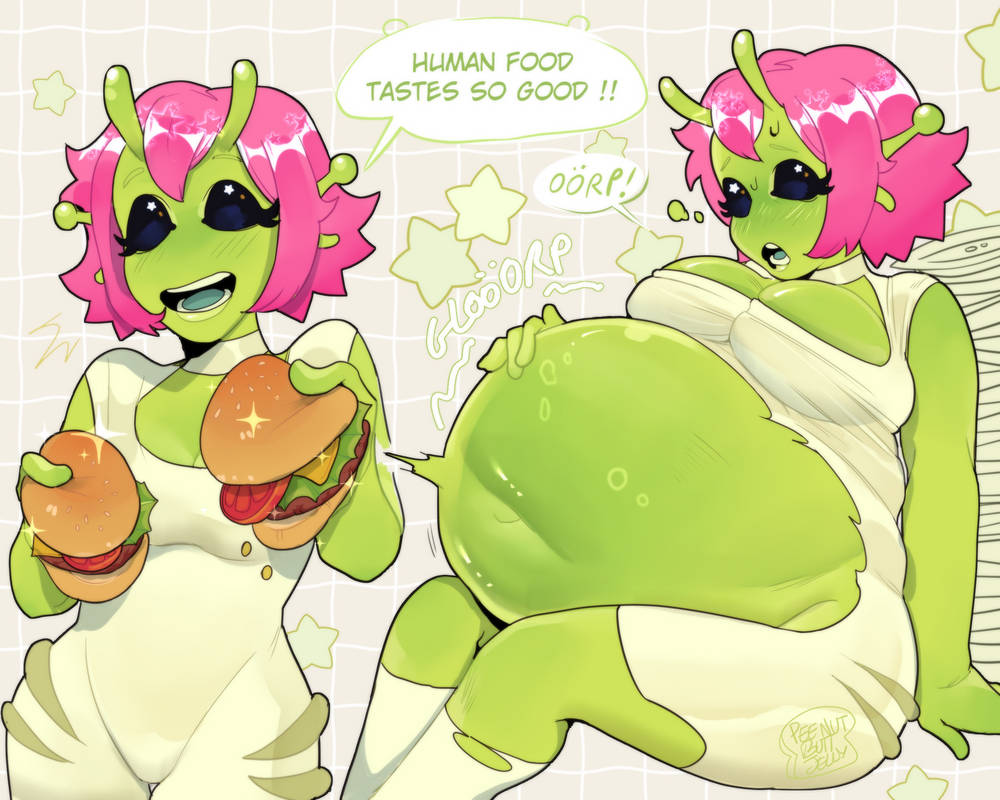 1girls, alien, alien girl, antennae (anatomy), belly expansion, big belly, big breasts, black eyes, breast expansion, burping, cleavage, dialogue, expansion, fat, female, grabbing own belly, green skin, jammy (peenutbuttjelly), peenutbuttjelly, pink hair, ripped clothing, small ass, small breasts, tagme, thin waist, weight gain
