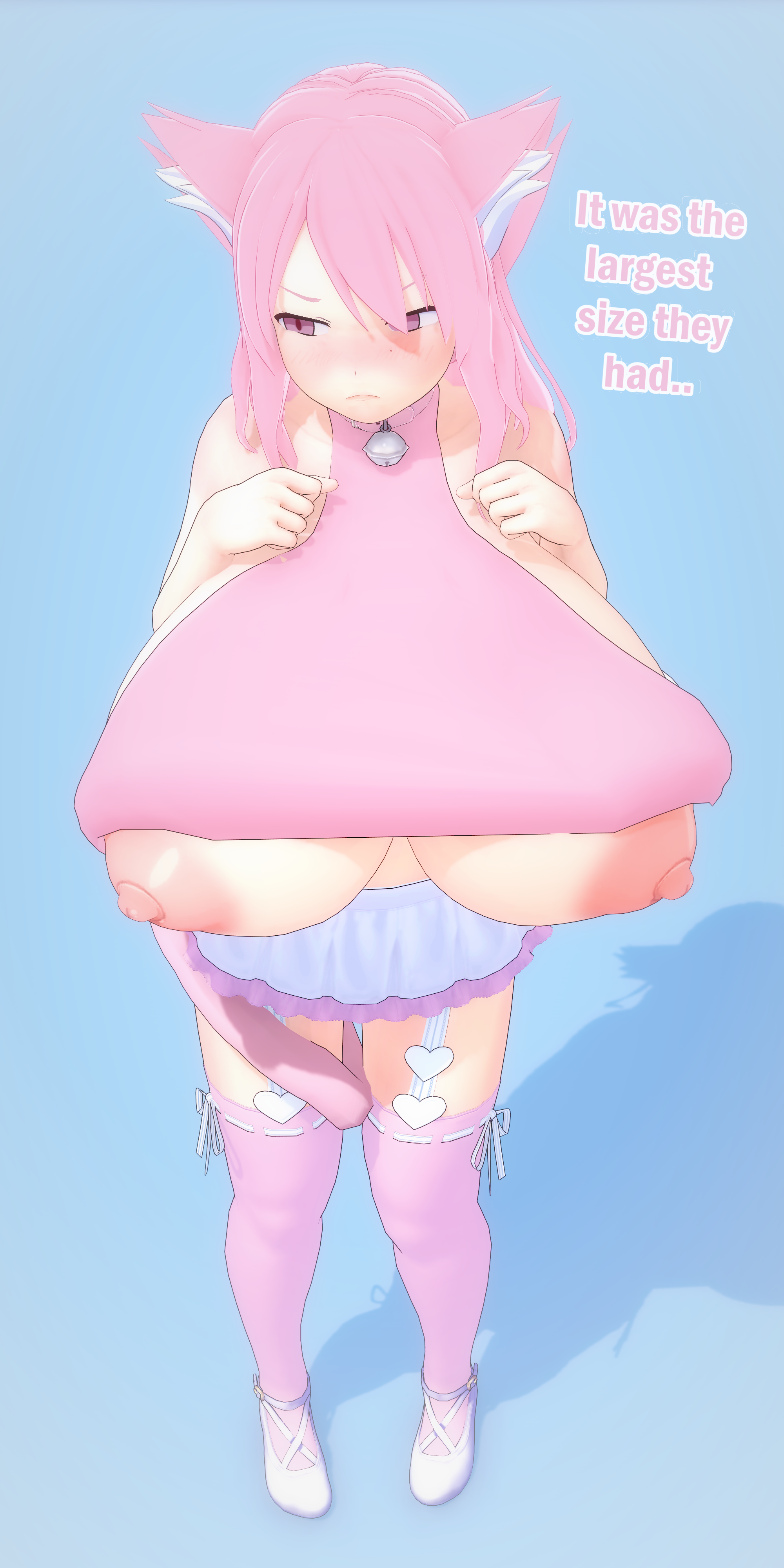 1girls, 3d, adelle (tightertemp), animal ears, bell collar, bent forward, big breasts, big nipples, blue background, blush, boobs popping out, brat, bratty, breast suppress, breasts, breasts bigger than head, busty, cat bell, cat ears, cat girl, cat tail, catgirl, cel shading, clothes too small, collar, cone nipples, dialogue, embarrassed, exposed breasts, exposed nipples, feline, female, flustered, footwear, front view, high-angle view, huge breasts, hyper breasts, ineffective clothing, inner ear fluff, koikatsu, large breasts, light skin, light-skinned female, long tail, looking away, pink clothes, pink clothing, pink collar, pink ears, pink eyes, pink hair, pink neckwear, pink nipples, pink theme, pov, presenting, purple eyes, shadow, shirt open, shortstack, silver bell (object), skirt, small ass, small but busty, solo, solo female, tail around leg, tail between legs, text, thin, thin thighs, thin waist, tightertemp, top heavy, top heavy breasts, wardrobe malfunction, white footwear, white shoes