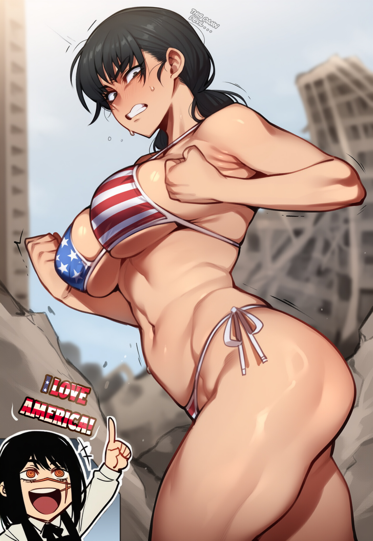 2girls, ai generated, american flag bikini, big breasts, bikini, black hair, blurry, blurry background, breasts, chainsaw man, clenched teeth, large breasts, mitaka asa, multiple girls, navel, pel0v, ponytail, side-tie bikini, swimsuit, tagme, teeth, thighs, trembling, yoru (chainsaw man)