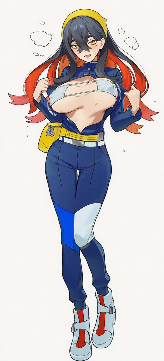 1girls, 2025, ai generated, big breasts, black hair, bra, carmine (pokemon), circle ueponzu, nipple bulge, opening shirt, pokemon, pokemon sv, tagme, yellow eyes
