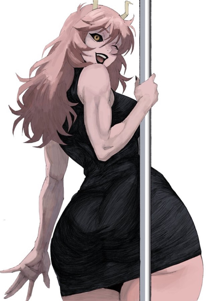 1girls, 2026, 2d, 2d (artwork), ashido mina, ass, ass cleavage, back view, big ass, black dress, black lipstick, black nails, black sclera, boku no hero academia, breasts, color, dress, fat ass, female, female only, happy, heroine, hex mamaniac, horns, legs, lips, lipstick, long hair, looking at viewer, looking back, mina ashido, mina ashido time-skip, muscular arms, muscular female, my hero academia, nail polish, open mouth, pink hair, pink skin, pole, simple background, sketch, smile, smiling at viewer, solo, solo female, solo focus, stripper pole, superheroine, thick thighs, thighs, white background, yellow eyes