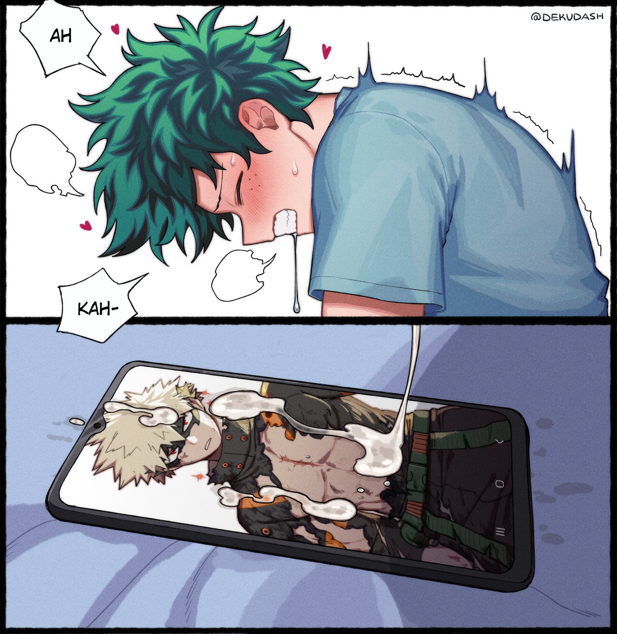 1boy, 2025, bakugou katsuki, blush, boku no hero academia, close up, close-up, closed eyes, clothed, color, colored, cum, cum on phone, cum on photo, cumshot, deku, dekudash, dialog, dialogue, drool, drool string, drooling, dynamight, ejaculating cum, ejaculation, english text, fluids, freckles, freckles on face, gay, gay male, green hair, implied masturbation, izuku midoriya, katsuki bakugou, male, male focus, male only, masturbation, midoriya izuku, my hero academia, no visible genitalia, phone, phone screen, pleasure face, pleasured, shonen jump, shounen jump, side view, solo, solo male, yaoi
