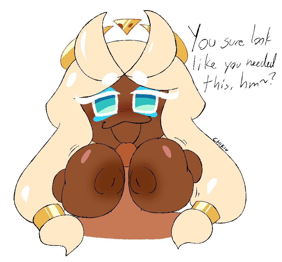 :3, big breasts, boobjob, breasts, chikidoodlez, cookie run, cookie run kingdom, cute, dark-skinned female, dialogue, female, food creature, large breasts, long hair, motion lines, mozzarella cookie, open mouth, paizuri, penis, penis between breasts, pov, sex, tagme, tirazyy, titjob