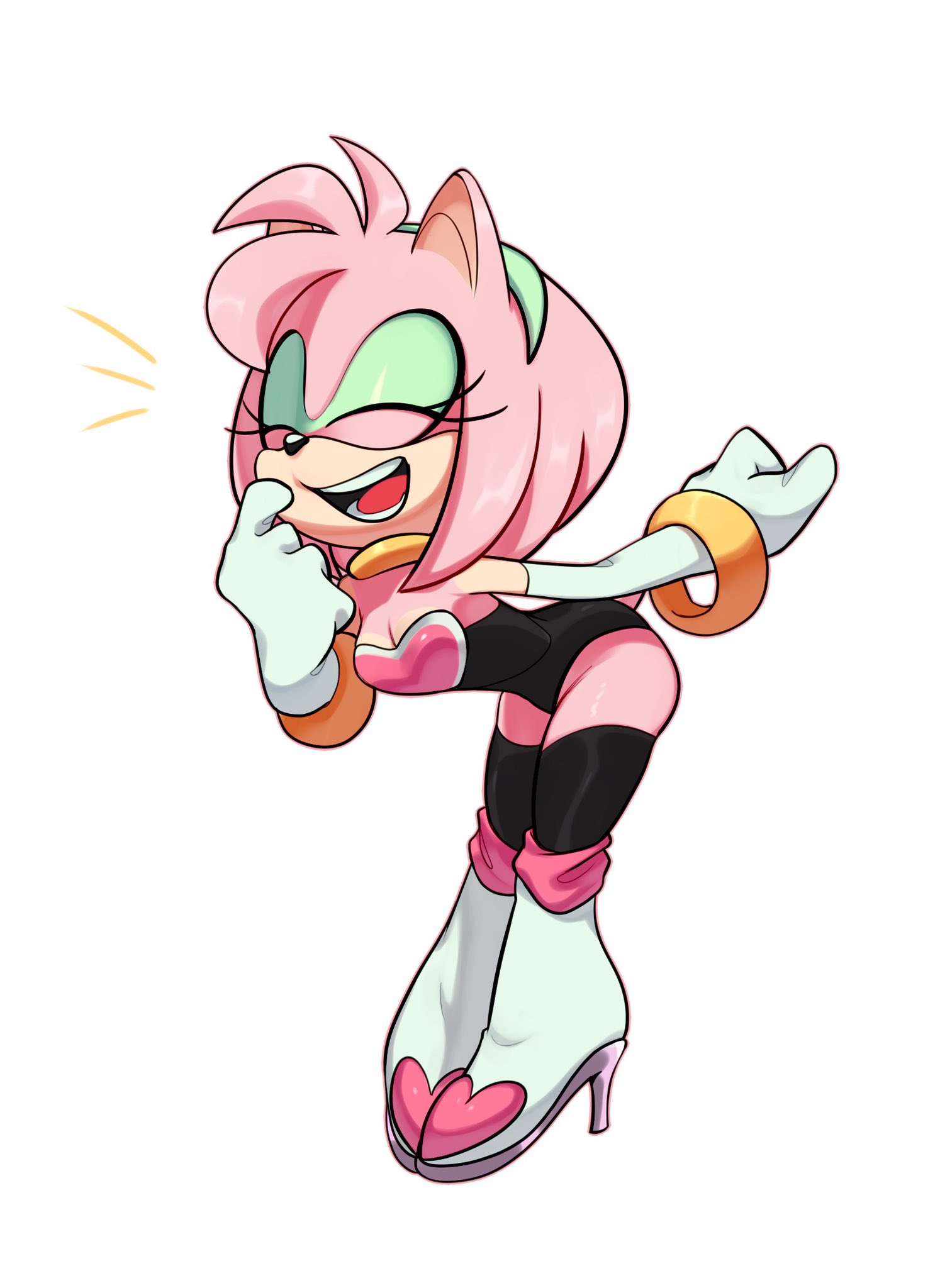 1girls, amy rose, amy the bat, breasts, cosplay, female, fiinel, high heels, jpeg, laughing, leotard, rouge the bat (cosplay), small breasts, solo, sonic (series), sonic the hedgehog (series), tagme