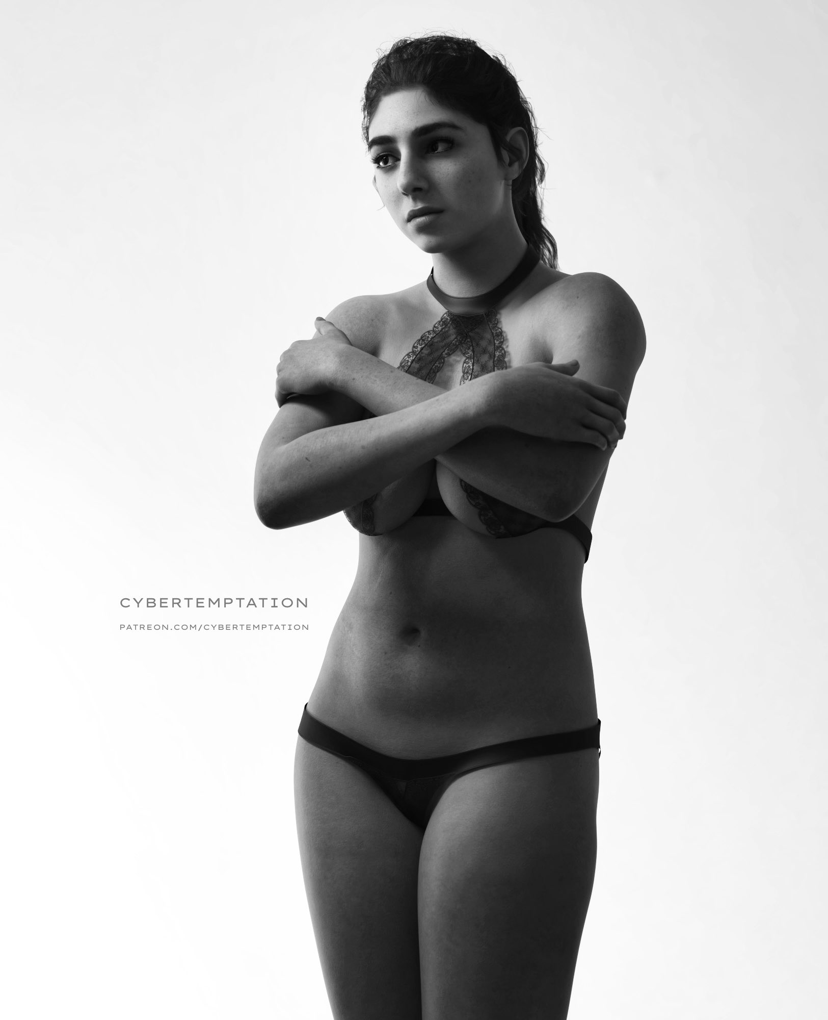 1girls, 3d, 3d (artwork), abs, arms crossed, athletic, athletic female, bare arms, bare legs, bare midriff, bare shoulders, bare thighs, belly, belly button, big breasts, bisexual, bisexual female, black and white, black hair, bra, breasts, covering breasts, cybertemptation, dina (the last of us), female, female focus, female only, fit, fit female, freckles, lace-trimmed bra, lingerie, looking away, naughty dog, panties, ponytail, realistic, solo, solo female, solo focus, the last of us, the last of us 2, thick thighs, thong, tied hair, underwear, white background