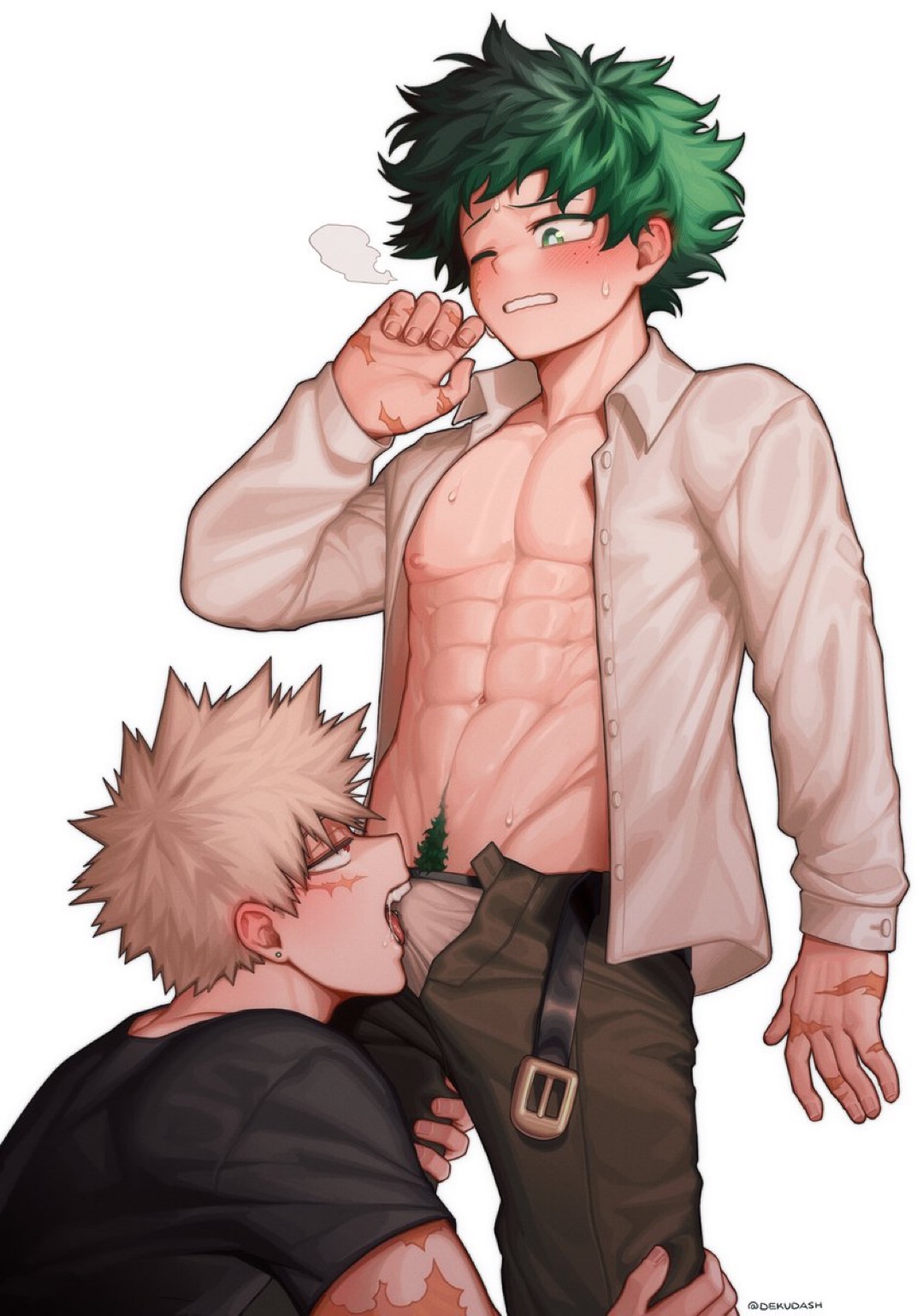 2025, 2boys, bakugou katsuki, bedroom eyes, belt, belt buckle, blonde hair, blowjob, boku no hero academia, breath, breath cloud, breathing, bulge, bulge through clothing, bulge under clothes, clothing, color, colored, deku, dekudash, erection, freckles, freckles on face, gay, green eyes, green hair, imminent oral, imminent sex, izuku midoriya, katsuki bakugou, leg grab, looking at another, looking at partner, looking down, looking up, midoriya izuku, mostly clothed, muscular, muscular chest, muscular male, my hero academia, nipples, red eyes, scar, scar on face, scars, spiky hair, unbuttoned, unbuttoned shirt, yaoi