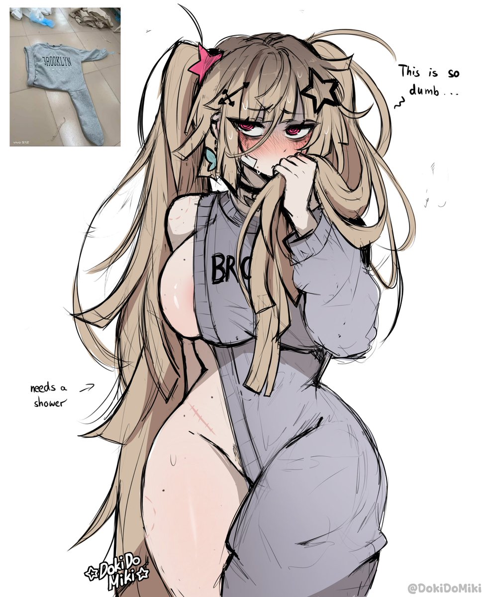 1girls, breasts, brooklyn sweater, dokidomiki, exposed hips, female, female focus, female only, hip cleavage, large breasts, light skin, light-skinned female, miki (dokidomiki), original, solo, thick thighs, thighs, wide hips
