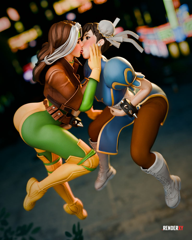 2girls, 3d, capcom, chun-li, chun-li (fortnite), epic games, female, fortnite, kissing, lesbian kiss, marvel, marvel comics, marvel vs. capcom, rogue (fortnite), rogue (x-men), street fighter, tongue kiss, x-men