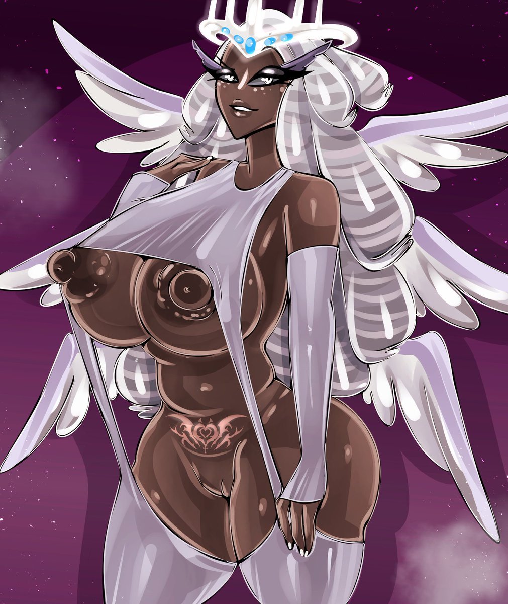 1girls, angel, big breasts, bitterbunz, blue eyes, blue hair, blush, breasts, dark skin, dark-skinned female, female, female only, hazbin hotel, nipples, open mouth, open smile, pubic tattoo, pussy, sera (hazbin hotel), simple background, smile, solo, succubus tattoo, tattoo, teeth, thick thighs, virgin destroyer sweater, virgin killer sweater, wide hips