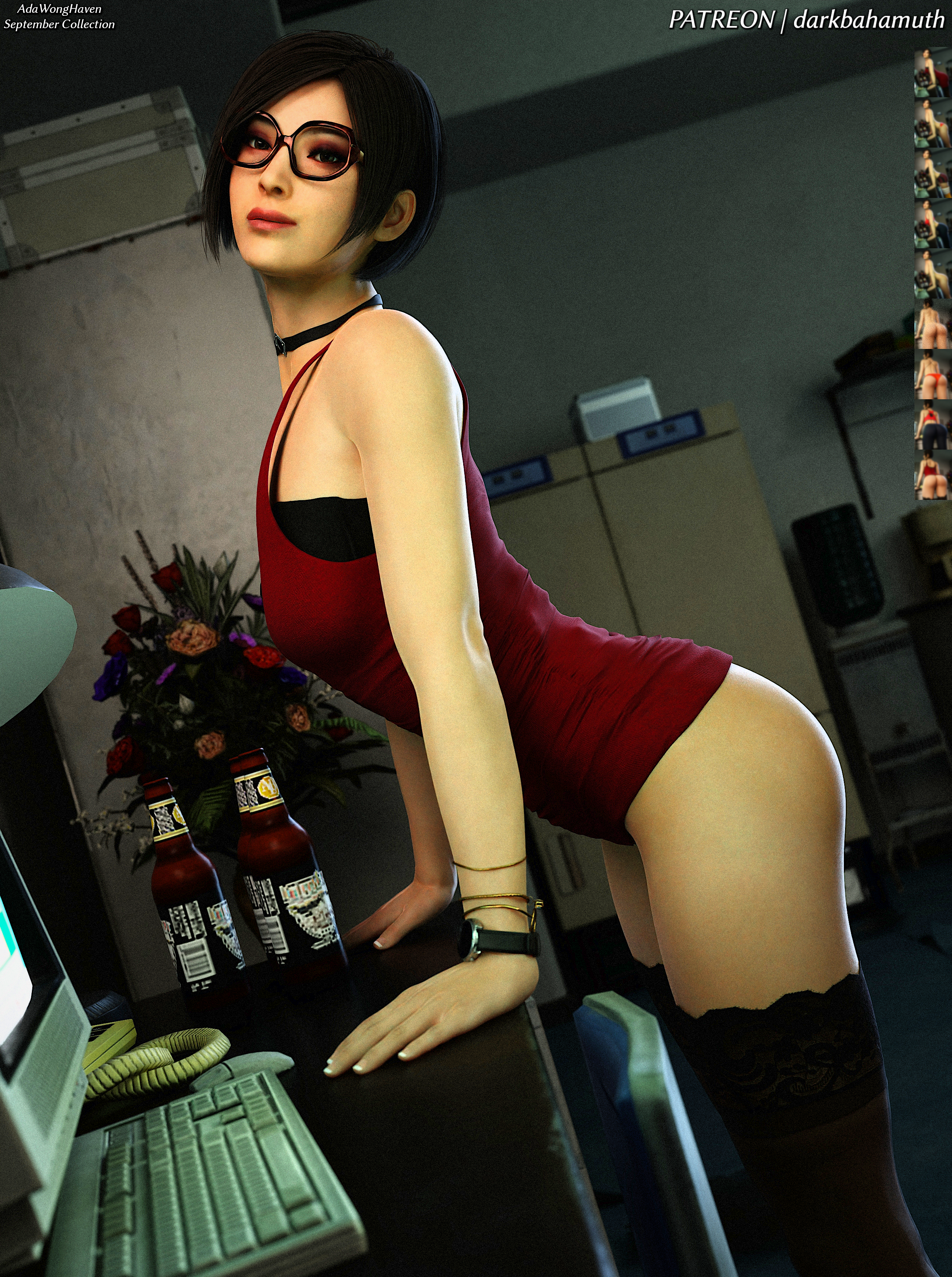 3d, 3d (artwork), ada wong, arched back, asian, asian female, ass, darkbahamuth, dress, dress lift, female, glasses, leaning forward, pinup, red dress, resident evil, resident evil 2, short hair, stockings