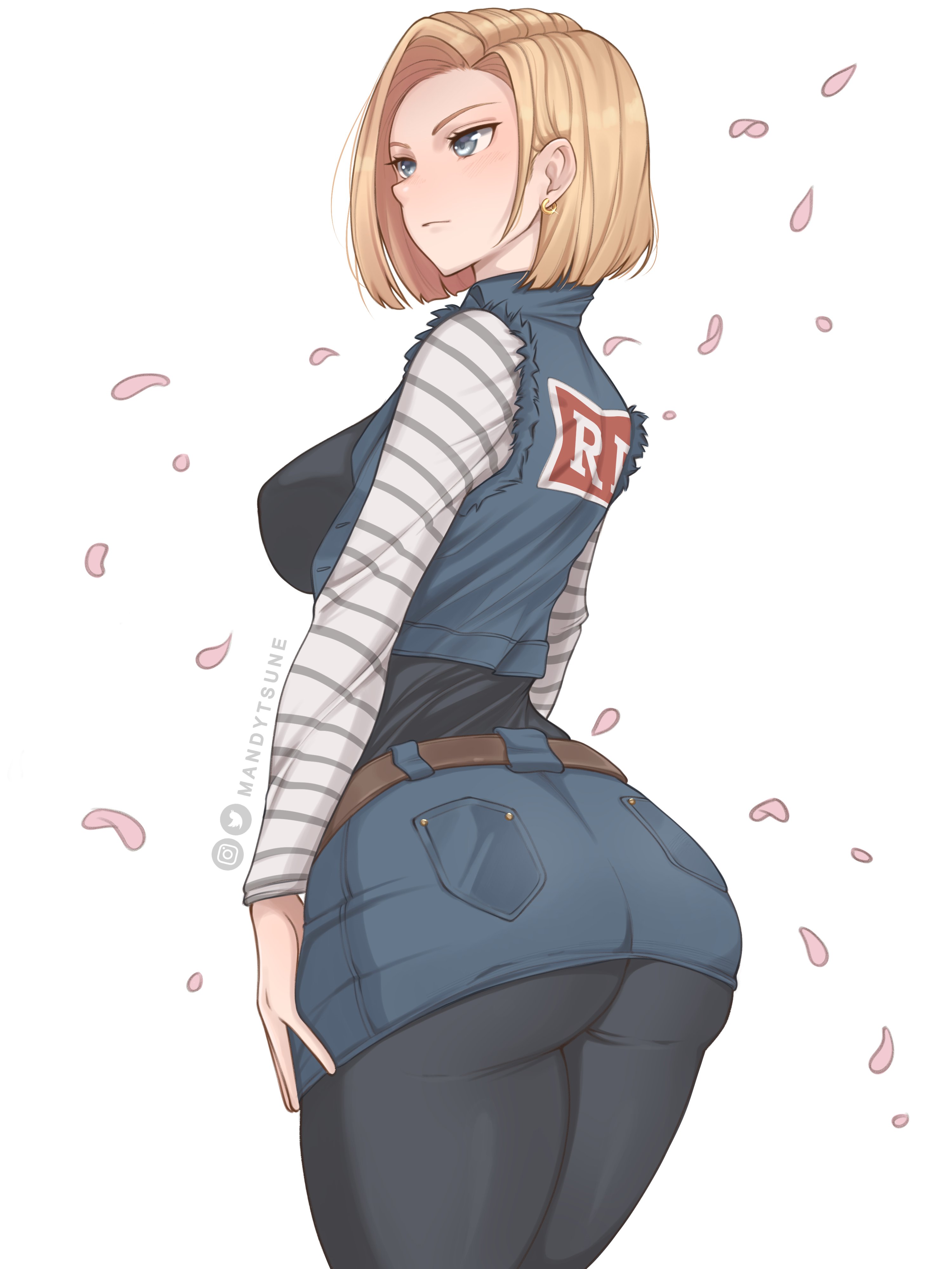 1girls, absurd res, android 18, blonde hair, blue eyes, clothing, dragon ball, dragon ball z, female, female only, legs together, mandytsune, medium hair, petals, solo, solo female, thick thighs, white background