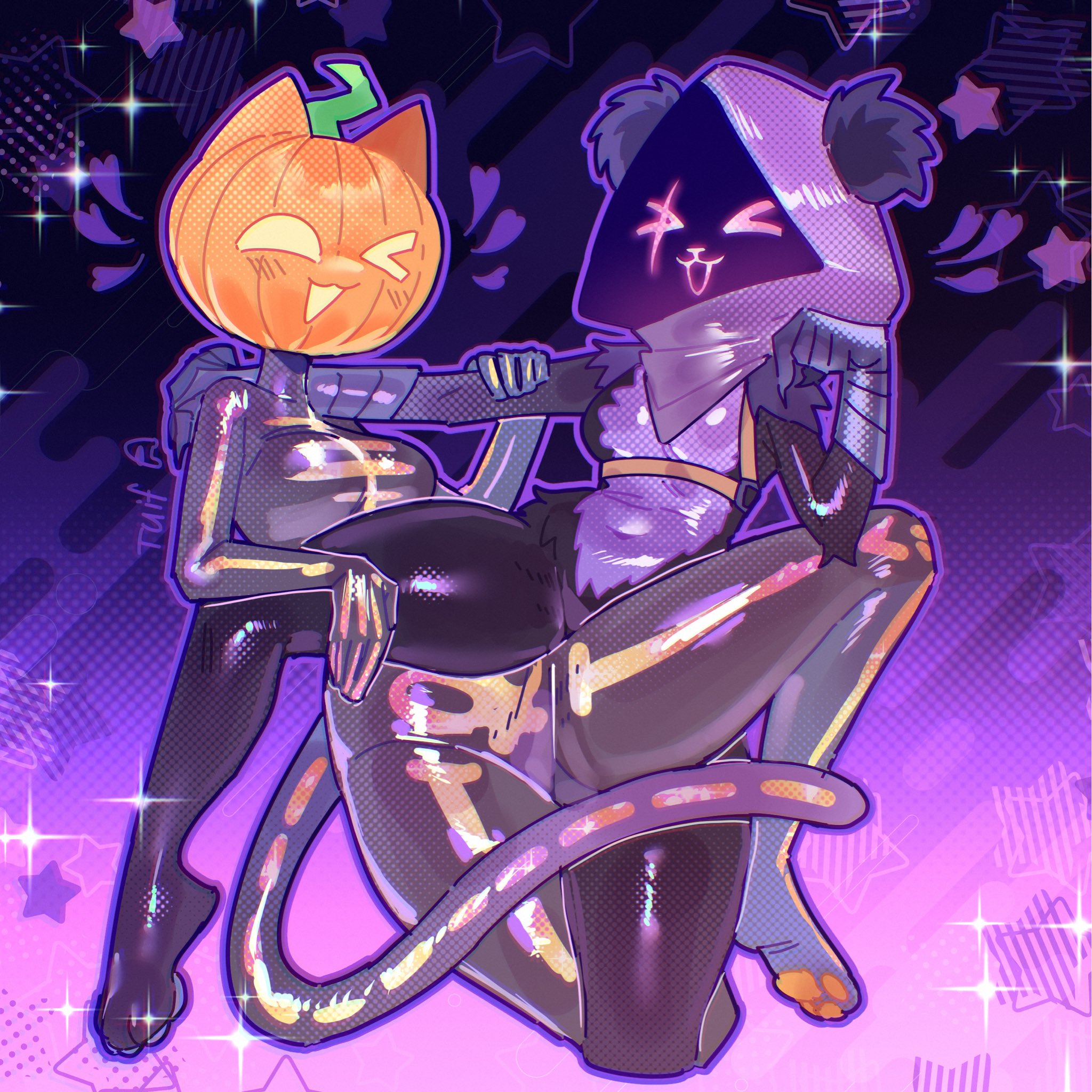 2girls, cat ears, clothed, clothing, epic games, female, female only, fortnite, fortnite: battle royale, furry, furry female, halloween, holidays, legs crossed, pumpkin, pumpkin head, raven team leader, simple background, smile, spice (fortnite), thick thighs, thighs, tuif, tuiffff, yuri