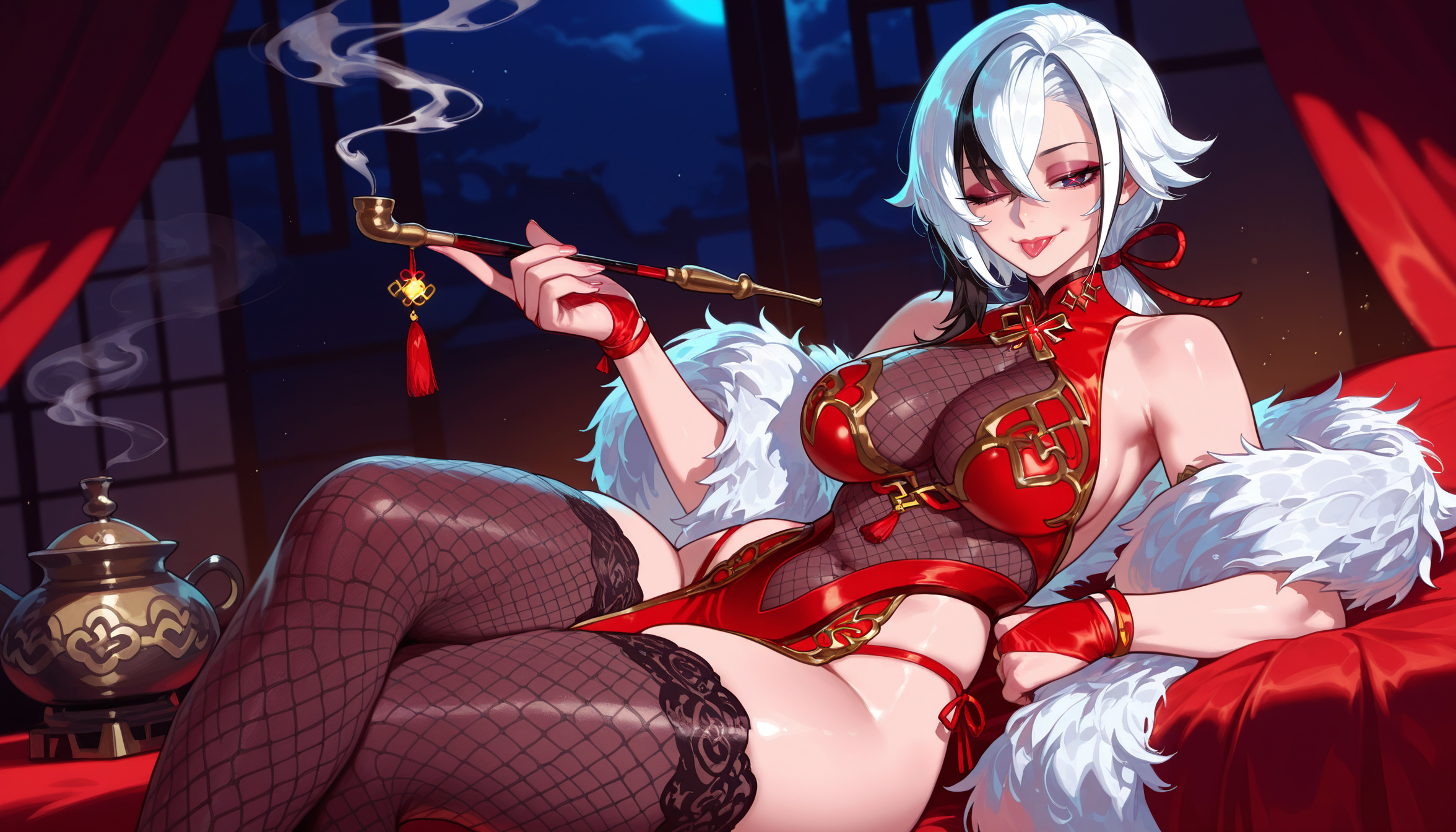 ;p, :p, 1girls, ai generated, alternate costume, arlecchino (genshin impact), balecxi, bangs, bare shoulders, black eyes, black hair, black thighhighs, breasts, bridal gauntlets, china dress, chinese clothes, cleavage, clothing, covered navel, crossed legs, curtains, curvaceous, curvaceous female, curvaceous figure, curvy, curvy figure, dress, feather boa, feet out of frame, female, female focus, female only, fingernails, fishnet thighhighs, fishnets, full moon, fur trim, genshin impact, gloves, hair between eyes, highleg, holding, holding smoking pipe, indoors, inviting, jewelry, kiseru, large breasts, legwear, long fingernails, long hair, looking at viewer, low ponytail, moon, multicolored hair, night, night sky, one eye closed, panties, panty straps, pelvic curtain, presenting, presenting ass, presenting breasts, presenting hindquarters, presenting pussy, presenting self, red dress, red gloves, red leotard, red nails, red panties, seductive, seductive look, seductive smile, sharp fingernails, short hair, side slit, side-tie panties, sideboob, sitting, sky, sleeveless, sleeveless dress, smile, smoke, smoking pipe, solo, streaked hair, symbol-shaped pupils, tassel, thighhighs, thighs, tongue, tongue out, two-tone hair, underwear, voluptuous, voluptuous female, white hair, window, x-shaped pupils