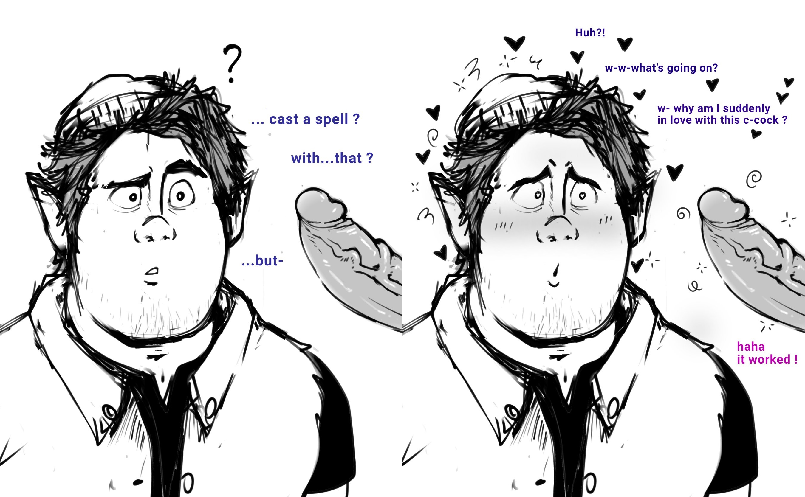 2022, bara, barley lightfoot, blush, circumcised, confused, dialogue, entranced, eyebrow raise, facial hair, fat cock, heart, limited palette, magic, magic spell, male, male only, monochrome, onward (2020), out of frame, out of frame male, paldraws, pen, penis, question mark, sparkles, veiny penis, white background