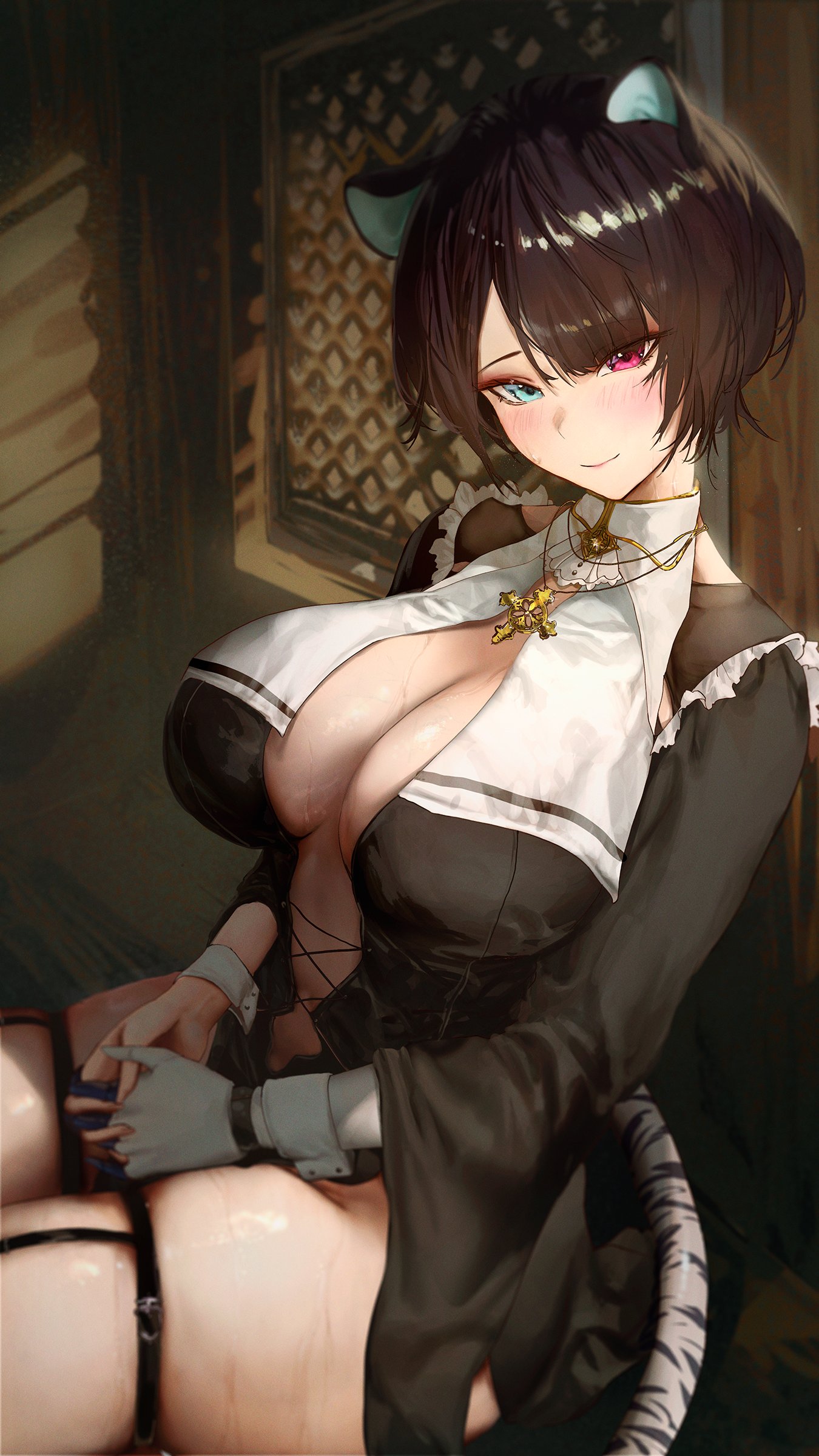 1girls, animal ears, black hair, blue eye, blush, breasts, cleavage, clothed, clothing, confession booth, erina makina, female, female only, heterochromia, huge breasts, indoors, light skin, light-skinned female, looking at viewer, mn374390, nun, phase alias, phase connect, pink eye, smile, solo, tail, tiger ears, tiger girl, tiger tail, virtual youtuber