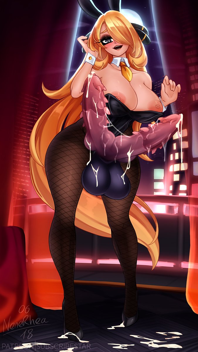 1futa, animal genitalia, areolae, balls, barbed penis, big penis, blonde hair, breasts, bulge, bumpy penis, bunnysuit, clothed, clothing, cum, cum on floor, cynthia (pokemon), diphallia, diphallism, dragon penis, dripping cum, erection, fishnets, functionally nude, futa only, futanari, game freak, hair over one eye, huge breasts, human, human with animal genitalia, ineffective clothing, intersex, knotted penis, leaking cum, light skin, light-skinned futa, long hair, mostly clothed, multi genitalia, multi penis, nenerhea, nintendo, nipple slip, nipples, penis, pokemon, pokemon dppt, ribbed penis, smiling at viewer, solo, standing, thick thighs, wide hips