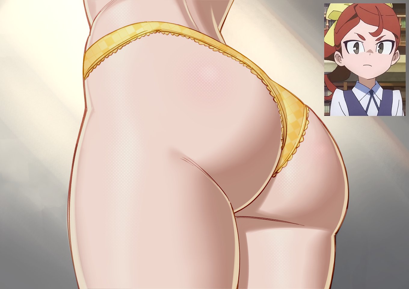 1girls, ass, ass focus, brown hair, cloudxmoe, curvy figure, female, female only, hannah england, little witch academia, panties, screencap
