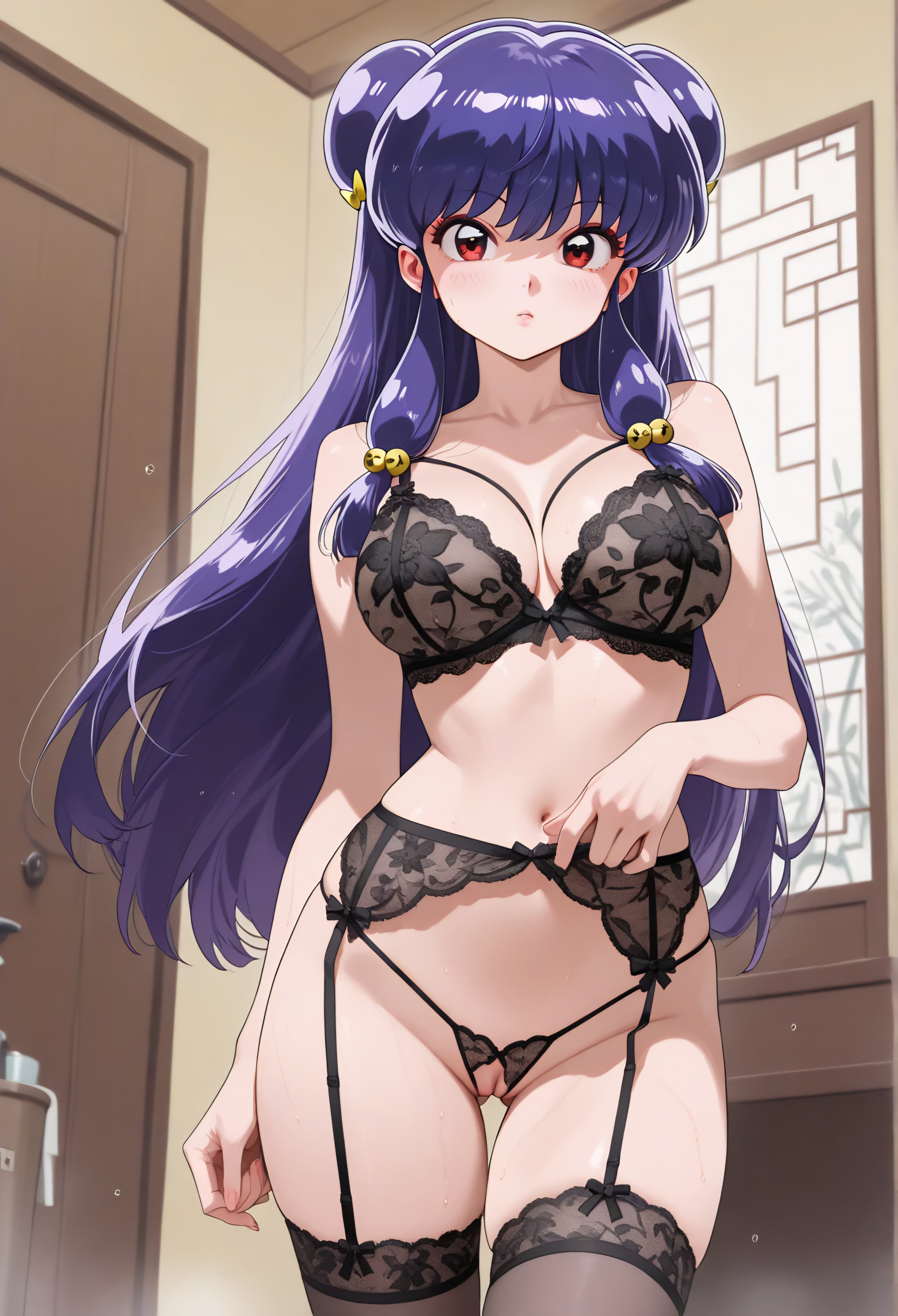 ai, ai art, ai assisted, ai generated, ai hands, ai-created, bedroom, big breasts, black bra, black lingerie, bra, breasts, female, lingerie, lingerie bra, lingerie panties, looking at viewer, medium breasts, pale skin, pale-skinned female, partially clothed, partially clothed female, pinup, pinup pose, posing, posing for picture, posing for the viewer, ranma 1/2, red eyes, shampoo (ranma 1/2), standing, stockings, svpk76