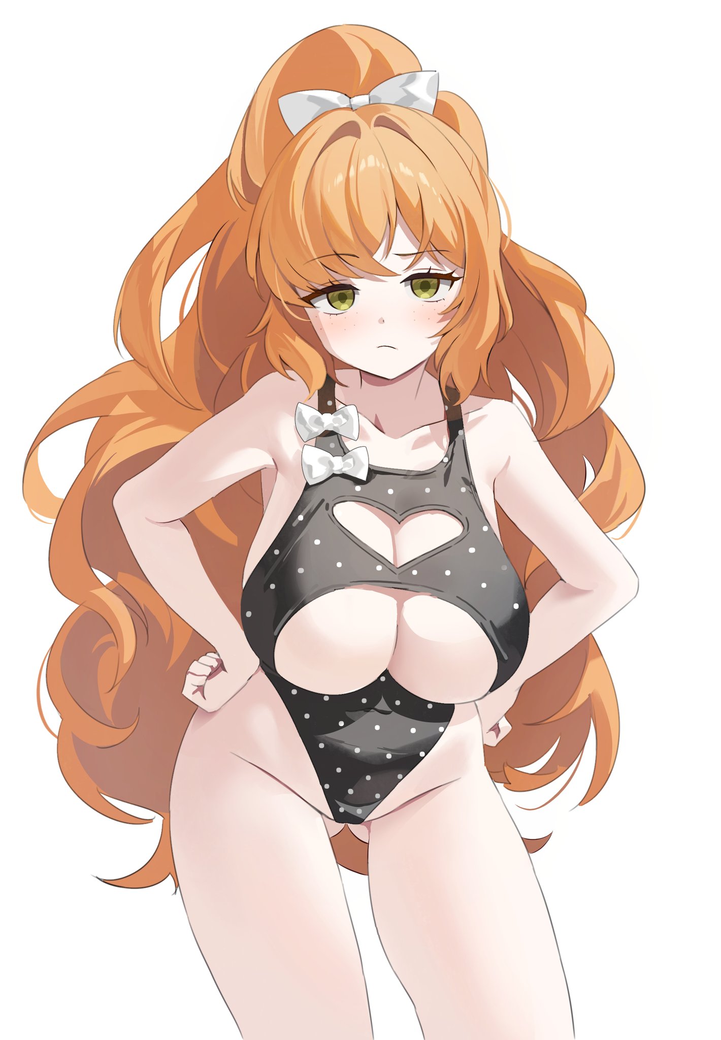 1girls, bikini, breasts, cleavage, eyebrows visible through hair, female, female only, freckles, freckles on face, gogoco, gogoko, green eyes, hand on hip, huge breasts, ishmael (limbus company), light skin, light-skinned female, limbus company, looking at viewer, orange hair, project moon, solo, swimsuit, tied hair, underboob, very long hair