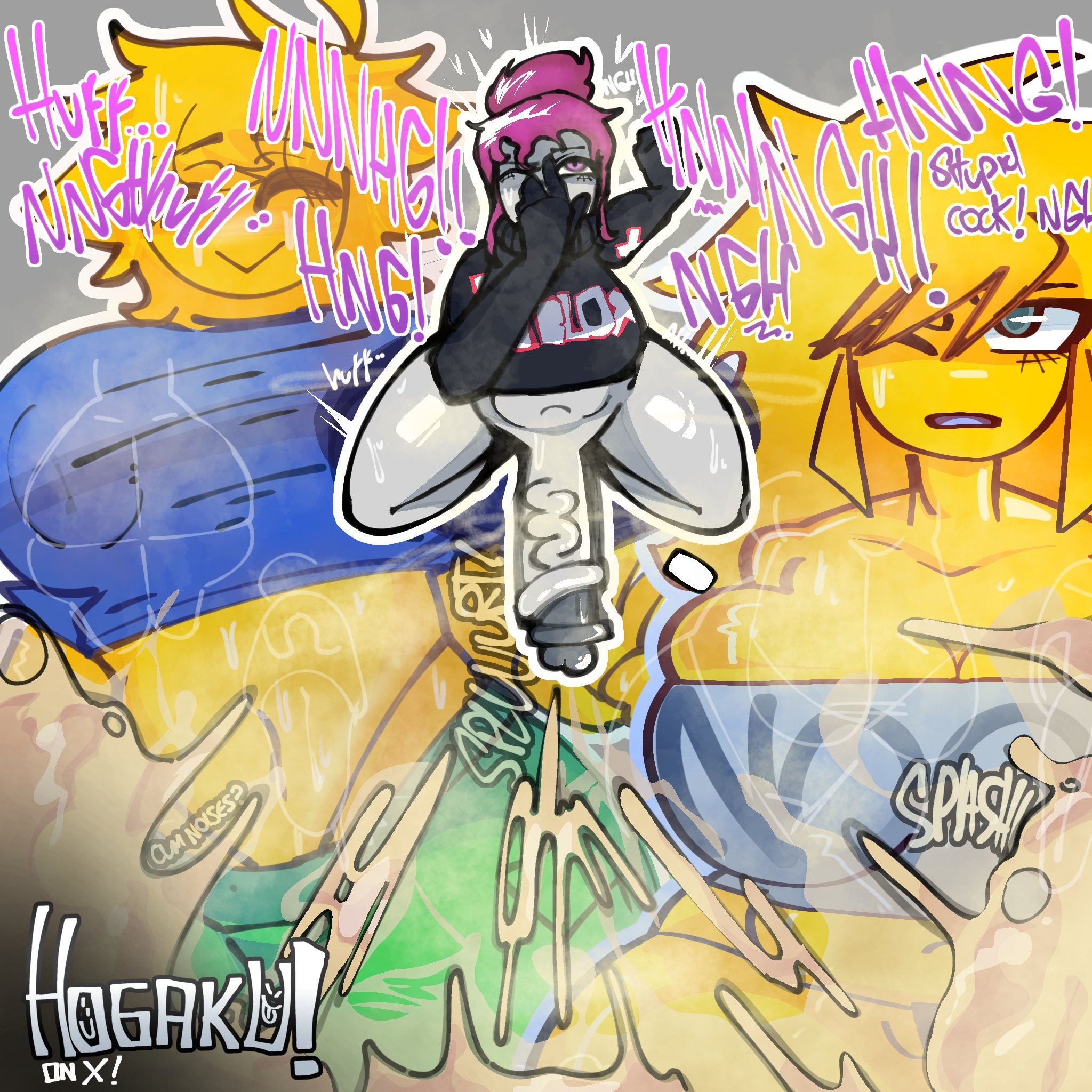 1futa, 2girls, artist signature, big breasts, big penis, bottomless, breasts, cleavage, cum, cumming, excessive cum, female, futanari, green eyes, grey body, guest (roblox), hogaku, huge breasts, imagination, imagining, intersex, moaning, musk, nipple bulge, no panties, no pants, noob, noob (roblox), onomatopoeia, penis, pink eyes, pink hair, roblox, robloxian, steam, text, thighs, thinking of someone else, tight clothing, veiny penis, voluptuous, yellow body, yellow hair