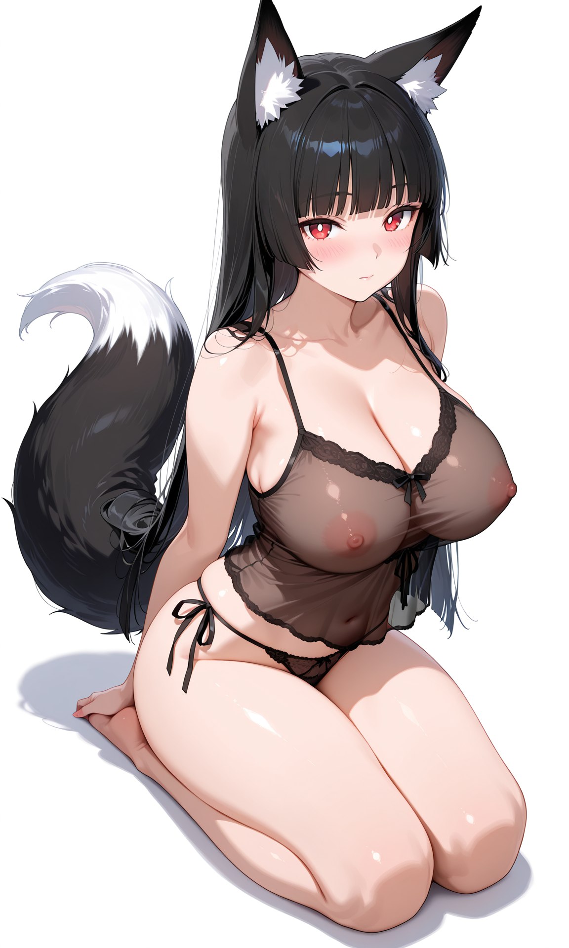 ai generated, female, hoshimi miyabi, nipples visible through clothing, panties, sitting, zenless zone zero