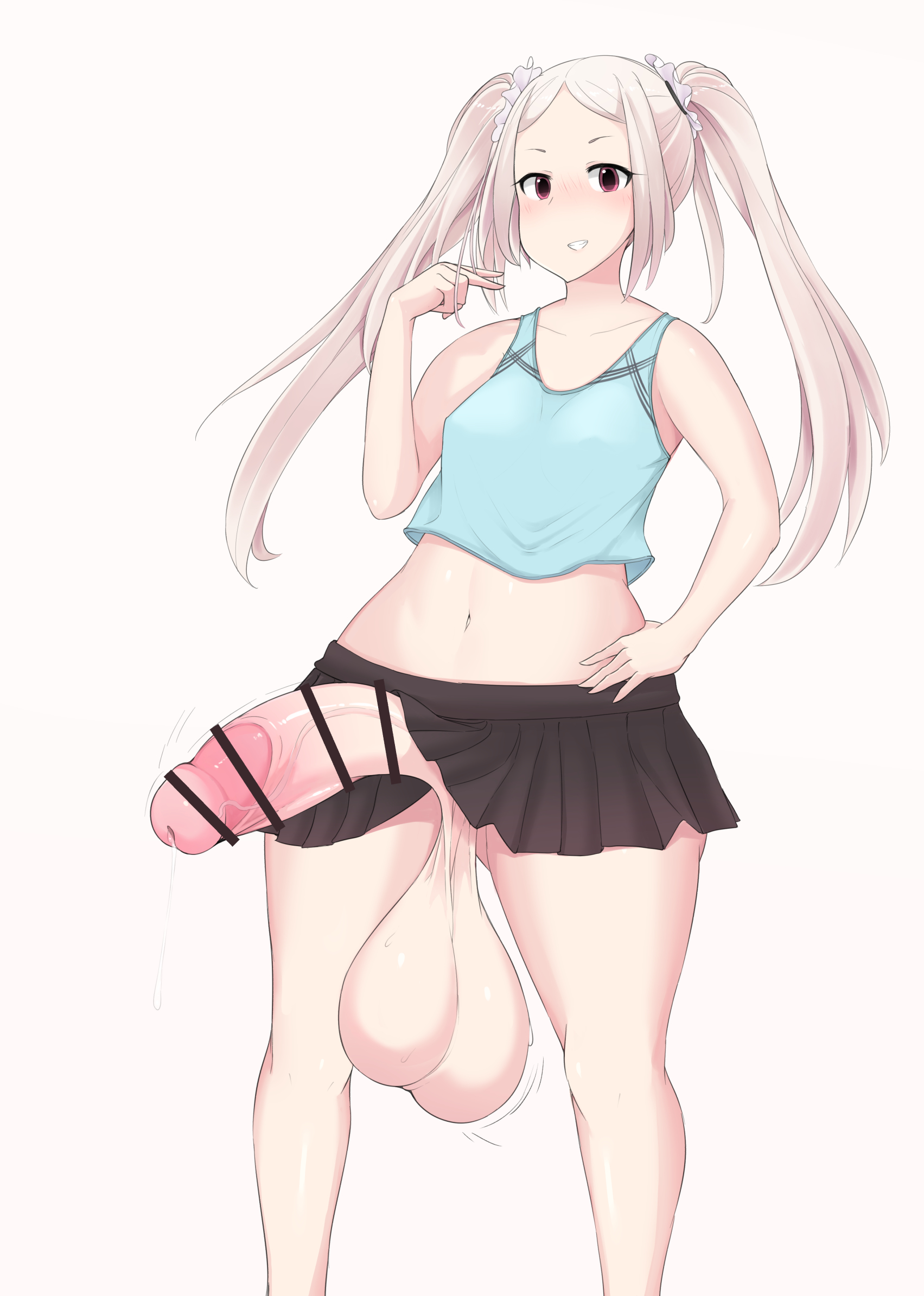 1futa, balls, bar censor, bare shoulders, blonde hair, breasts, censored, clothed, clothing, erection, erection under skirt, futa only, futanari, huge balls, huge cock, human, intersex, light skin, light-skinned futa, midriff, mostly clothed, navel, nnilaee, pale skin, penis, short hair, skirt, small breasts, solo, standing, twintails