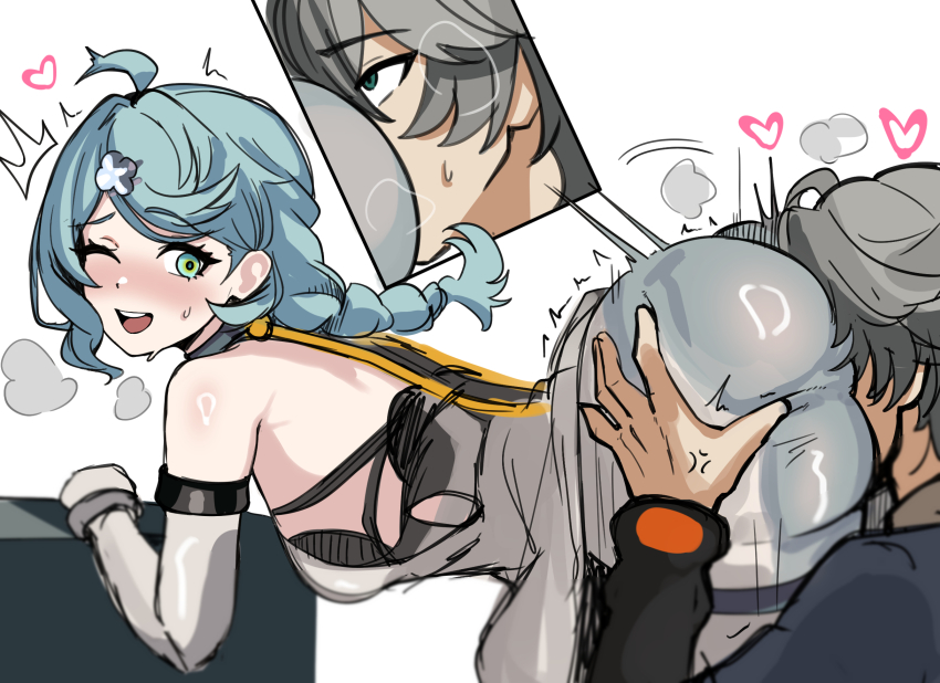 1boy, 1boy1girl, 1boy1girls, 1boys1girls, 1female1male, 1girl1man, 1girls, 1guy, 1male1female, 1males, 1woman1man, 2d, 2d (artwork), 2d artwork, ahoge, ass, ass grab, ass grab (another), ass grabbed, ass grabbing, bare shoulders, big ass, big butt, blank background, blue hair, blush, blushing at partner, blushing female, booty, booty grab, braid, breasts, butt grab, elbow gloves, face in ass, face in butt, face on ass, face on butt, female, grabbing, grabbing another's ass, grabbing ass, grabbing from behind, grey hair, grope, grope from behind, groped, groped from behind, groping, groping ass, groping butt, groping from behind, groping through clothes, hoyoverse, huge ass, looking at another, looking at partner, looking at viewer, looking pleasured, male, mini2chainz, one eye closed, open mouth, seed (zenless zone zero), small breasts, smelling, smelling ass, smelling butt, smile, sniff, sniffing, sniffing ass, sniffing butt, sniffing clothes, straight, watching, white background, wise (zenless zone zero), zenless zone zero