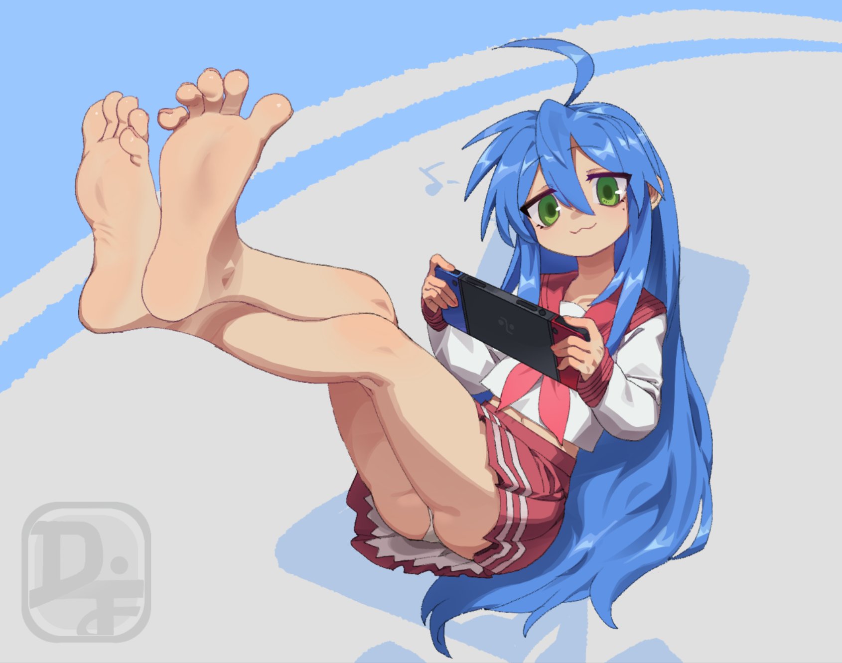 :3, 1girls, barefoot, beauty mark, big feet, blue hair, difman, feet, female, foot fetish, foot focus, green eyes, holding object, konata izumi, long hair, looking at viewer, lucky star, mole, mole under eye, nintendo switch, panties, pantyshot, presenting feet, red skirt, ryouou school uniform, skirt, soles, solo, toes, underwear, upskirt, white panties
