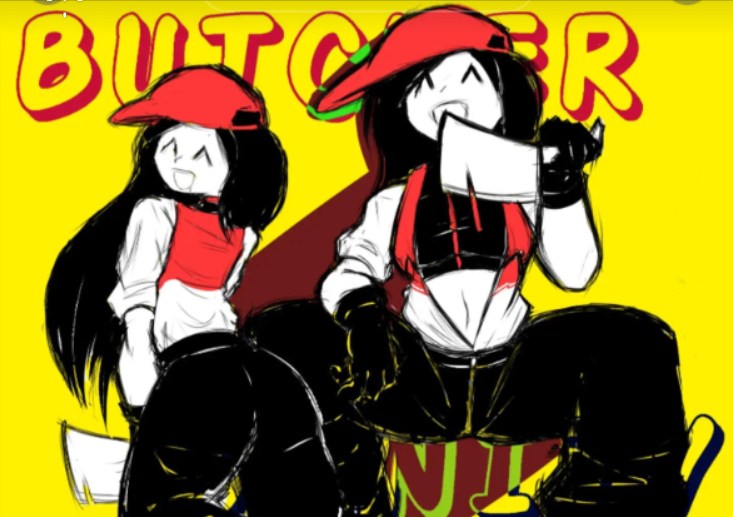 butcher vanity, female, female only, just thenia, mv character, smiling, synthesizer v, vimalion pro, vocaloid, yellow background, yi xi (synthesizer v)