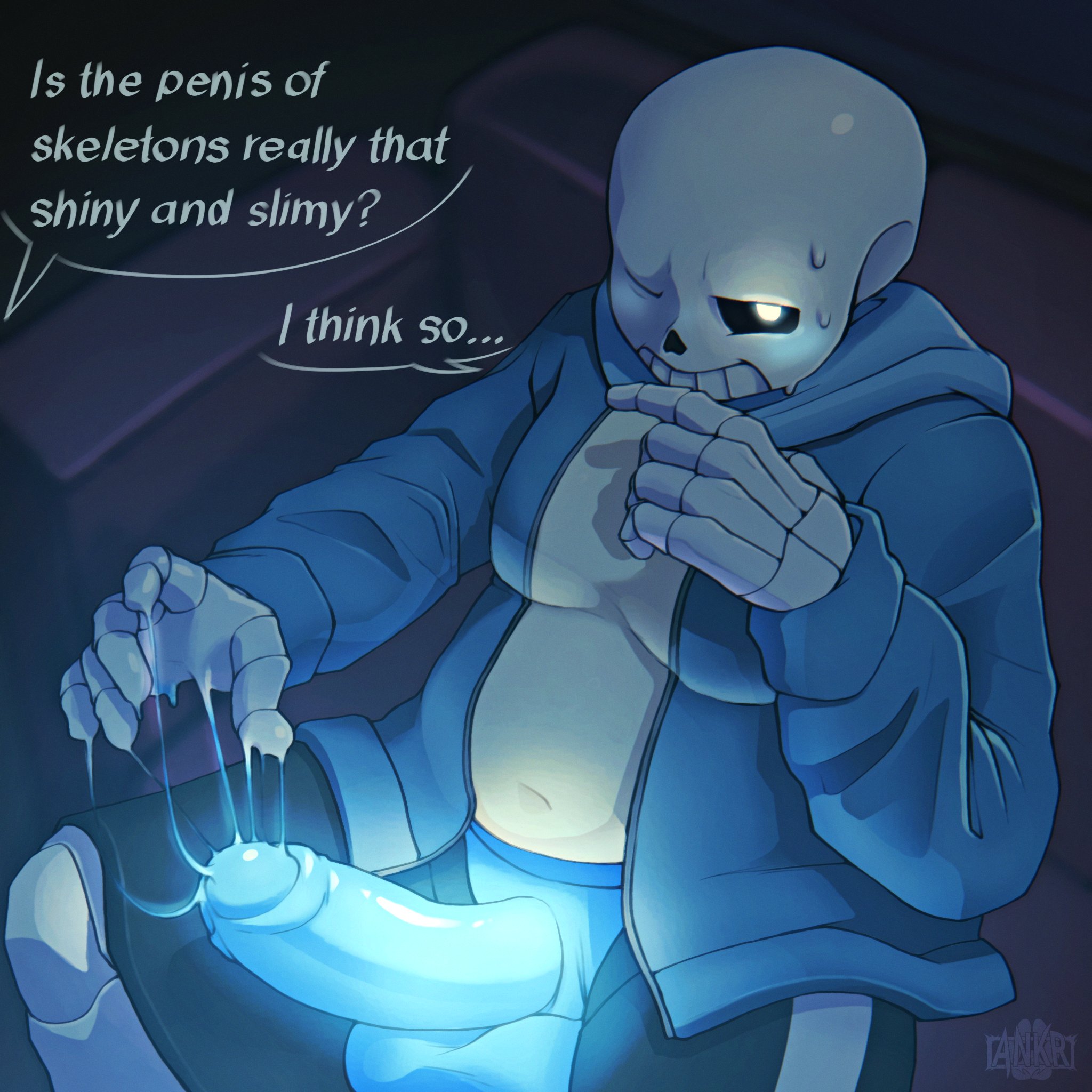1boy, 2026, animated skeleton, ankor ba, anterior nasal aperture, balls, blue hoodie, bone, crouching, cum, cumshot, ejaculation, genital fluids, genitals, glans, grin, half-closed eyes, hoodie, humanoid, humanoid genitalia, humanoid penis, lightsaber dick, male, male only, narrowed eyes, orgasm, penis, sans, shorts, skeleton, slippers, smile, solo, teeth, undead, undertale, undertale (series)