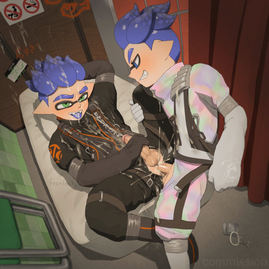2boys, anal, blue hair, cum, cum inside, cum on body, cum on face, cum on hair, cum on self, cum on tongue, gay, inkling, inkling boy, male only, male/male, masturbation, reonlock, splatoon, used condom