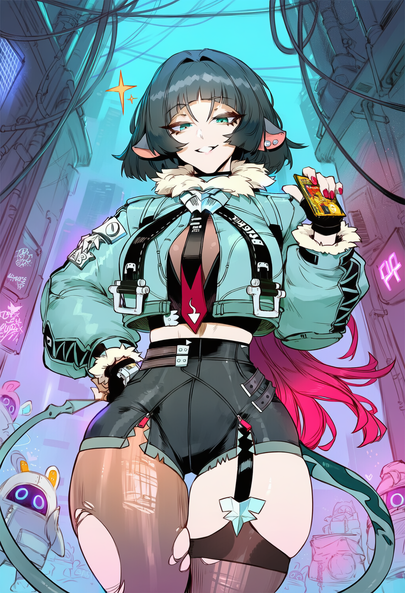 ai assisted, ai generated, dominant female, female, half-closed eyes, jane doe (zenless zone zero), jaygoats, looking down at viewer, rat ears, short hair, shorts, smile, tail, thick thighs, zenless zone zero