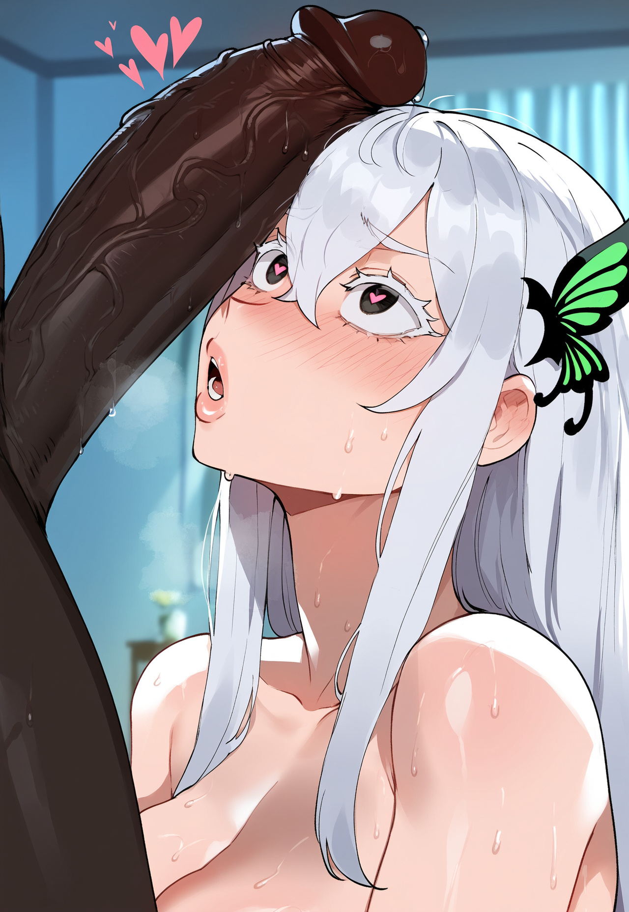 1boy, 1girls, ai generated, big breasts, big penis, blush, breasts, dark-skinned male, echidna (re:zero), female, heart symbol, heart-shaped pupils, juuicyai, long hair, male, naked, naked female, naked male, penis, re:zero kara hajimeru isekai seikatsu, veiny penis, white eyebrows, white hair