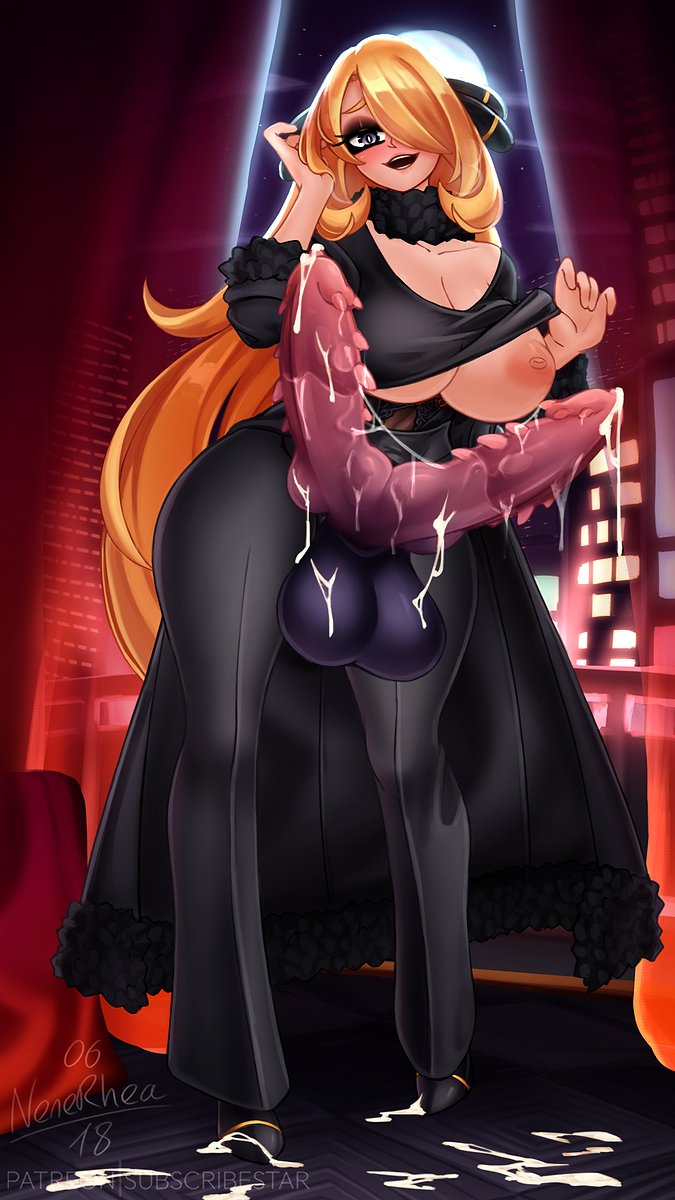1futa, animal genitalia, balls, barbed penis, big breasts, blonde hair, braless, breasts, bumpy penis, clothed, cum, cum on floor, cum on penis, cynthia (pokemon), diphallia, diphallism, dragon penis, dripping cum, erection, futa only, futanari, game freak, gigantic balls, human with animal genitalia, intersex, knotted penis, leaking cum, light skin, long hair, mostly clothed, multi genitalia, multi penis, nenerhea, nintendo, penis, pokemon, pokemon dppt, ribbed penis, shirt lift, smiling at viewer, solo, standing, testicles, thick thighs, tight clothing, tits out