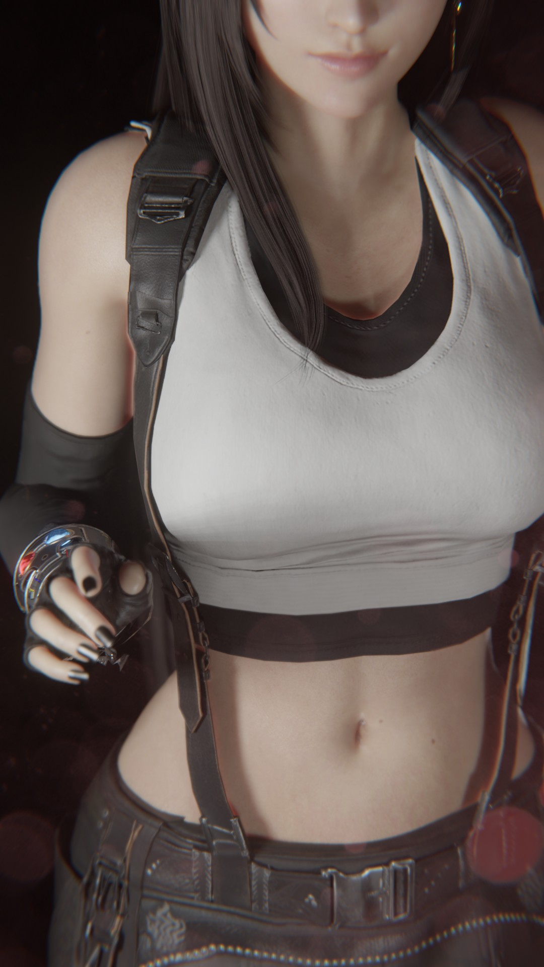 1girls, 3d, big breasts, breasts, brown hair, bulgingsenpai, busty, female, female only, final fantasy, final fantasy vii, final fantasy vii remake, head out of frame, large breasts, legs, long hair, midriff, navel, pink lipstick, smile, solo, suspenders, tank top, thighs, tifa lockhart, toned, voluptuous