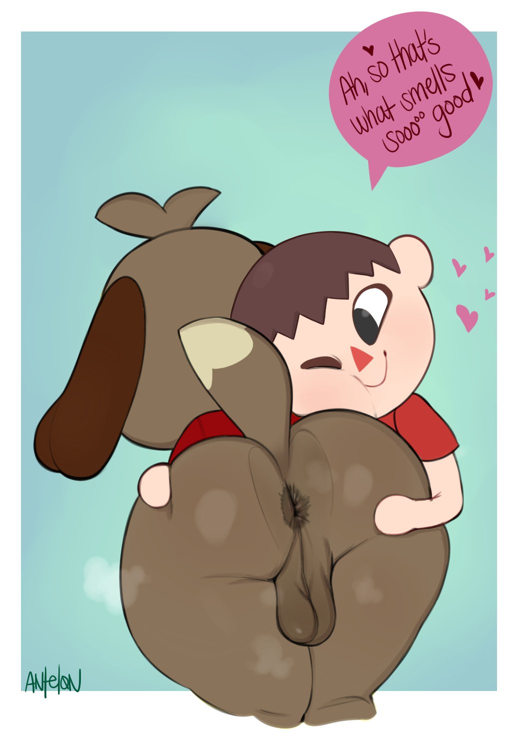 2boys anal_musk animal_crossing animal_crossing_boy animal_crossing_new_leaf animal_ears antelon anthro anus ass ass_focus ass_grab ass_sniffing backsack balls big_ass big_butt black_eyes blue_background bottomless brown_body brown_fur brown_hair bubble_ass bubble_butt butt butt_grab butt_hug butt_sniffing canid canine canis clothed clothing darkened_balls darkened_genitalia dat_ass dialogue digby_(animal_crossing) digital_drawing_(artwork) digital_media_(artwork) dog_ears dog_tail domestic_dog duo english_text fat_ass fat_butt fur furry gay genitals gradient_background group hair hand_on_another's_butt hand_on_butt hands_on_ass heart hi_res human human_on_anthro humanoid_genitalia male male/male male_only mammal multiple_boys musk nintendo one_eye_closed plump_ass raised_tail red_shirt round_ass round_butt shih_tzu shirt short_hair short_sleeves signature simple_background smile sniffing speech_bubble tail testicles text text_with_heart thick thick_ass thick_thighs topwear toy_dog twitter two_tone_tail video_games villager_(animal_crossing) white_border wide_hips