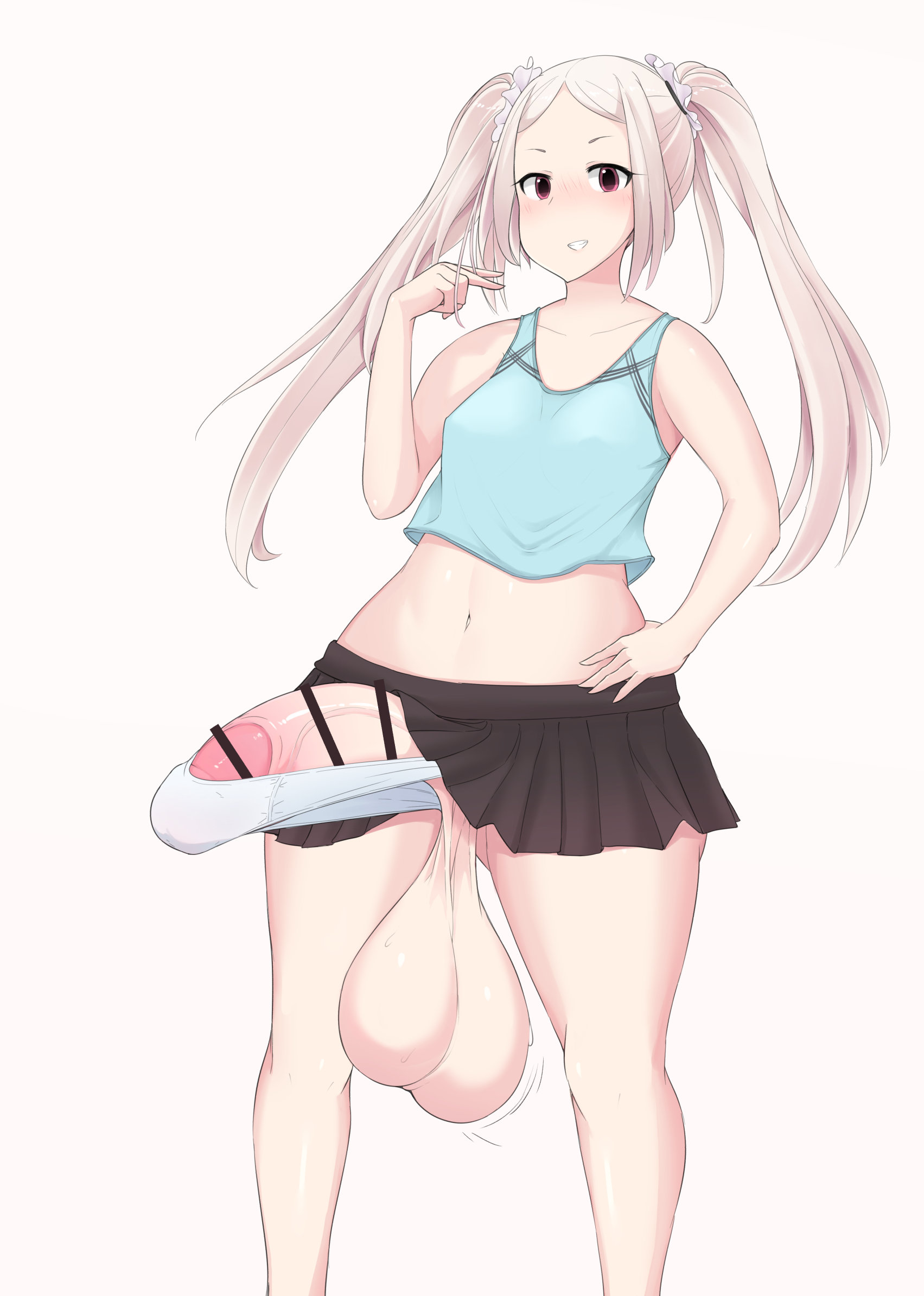 1futa, balls, bar censor, bare shoulders, blonde hair, breasts, censored, clothed, clothing, erection, erection in panties, erection under skirt, futa only, futanari, horny, huge balls, huge cock, human, intersex, light skin, light-skinned futa, midriff, mostly clothed, navel, nnilaee, pale skin, panties, penis, penis in panties, short hair, skirt, small breasts, solo, standing, twintails