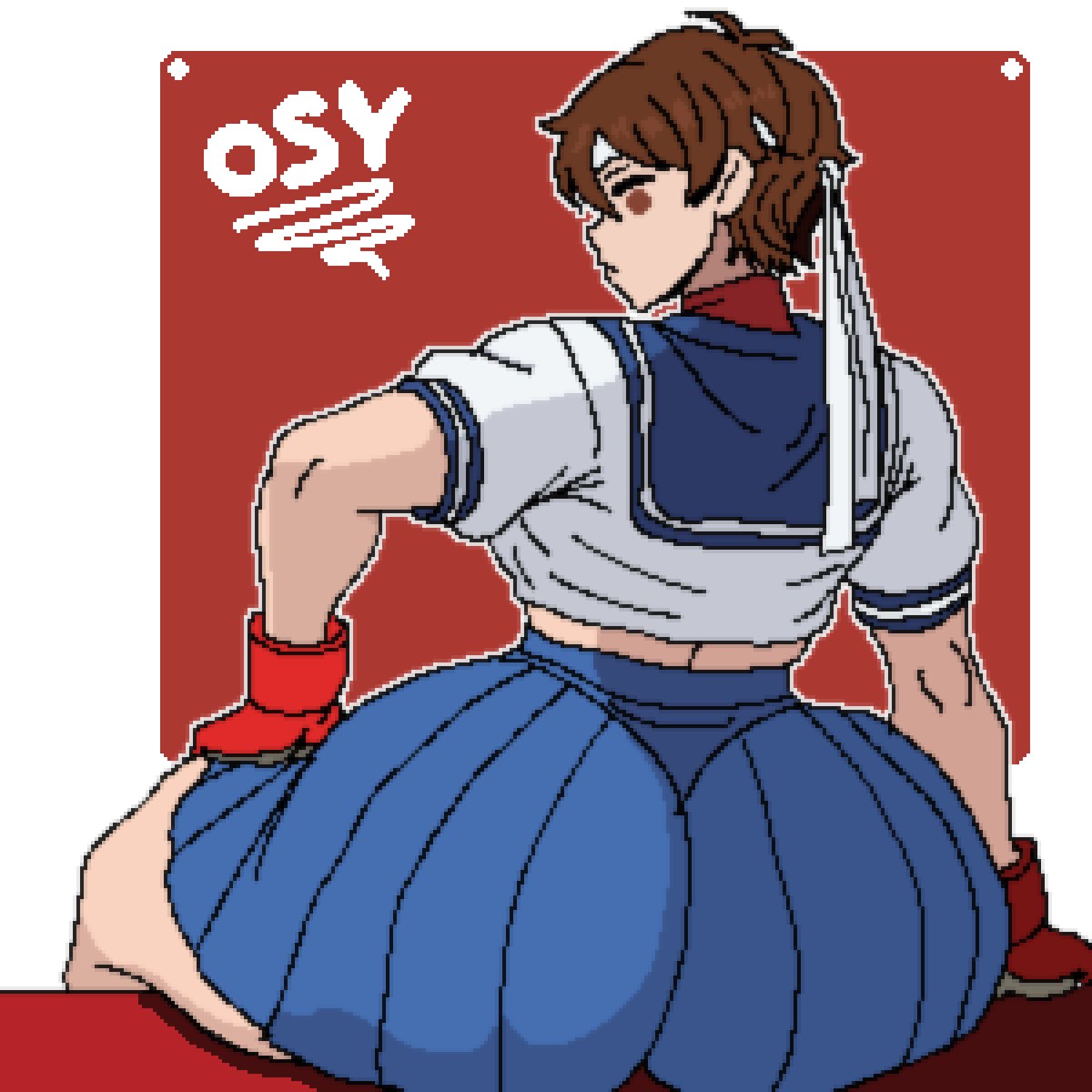 1girls, ass, ass bigger than head, ass focus, big ass, brown eyes, brown hair, capcom, clothing, drwsosy, female, female focus, female only, from behind, gloves, headband, huge ass, looking back, osyosy, pixel art, sakura kasugano, school uniform, schoolgirl, short hair, sitting, skirt, solo, solo female, solo focus, street fighter, thick, thick ass, thick thighs, tomboy