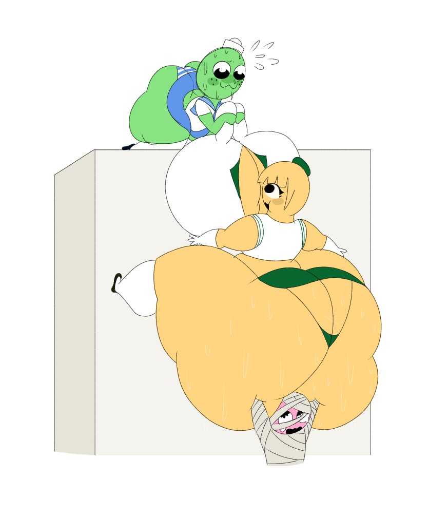 1girls, 2boys, bangs, big nipples, chubby female, climbing, femboy on female, green body, hard nipples, holding up other character, huge ass, huge breasts, mummy costume, no artist, no nostrils, no source, peak (videogame), pink body, pulling nipples, sailor uniform, self upload, sweating profusely, sweaty ass, thong, tight clothing, upskirt, useless clothing, yellow body