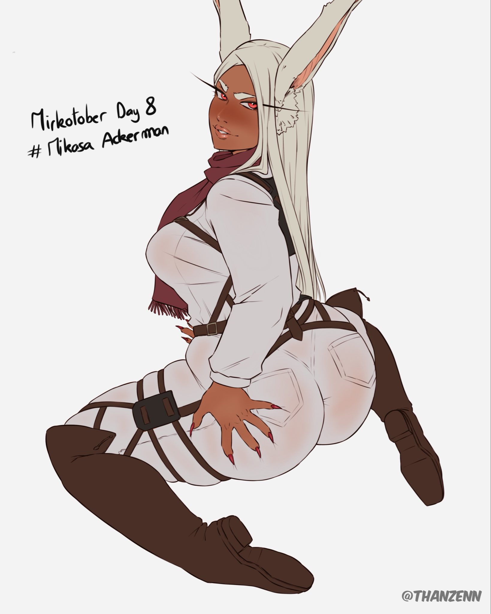 1girls, animal ears, ass, attack on titan, big ass, breasts, bubble ass, bubble butt, cosplay, dark skin, dark-skinned female, dat ass, female, female only, huge ass, large ass, long hair, mikasa ackerman (cosplay), mirko, miruko, my hero academia, rabbit ears, red eyes, rumi usagiyama, thanzenn, white hair