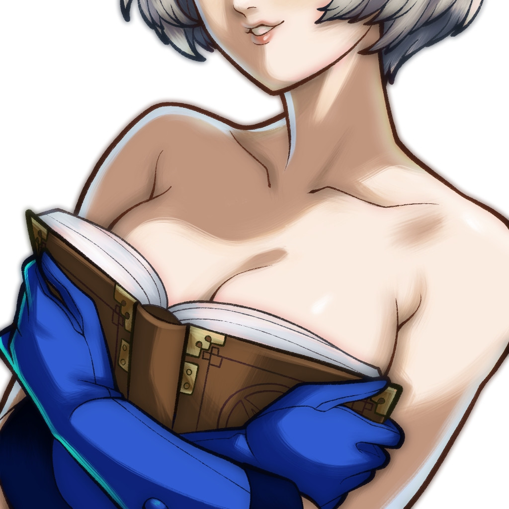 1girls, book, breasts, covered nipples, covering, covering breasts, elizabeth (persona), female, gloves, lips, meme, nude, ouch meme, persona, persona 3, rotomdocs, solo, topless
