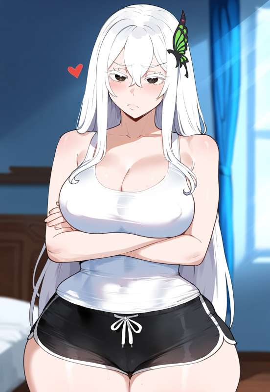 1girls, ai generated, big breasts, blush, breasts, echidna (re:zero), female, heart symbol, juuicyai, long hair, re:zero kara hajimeru isekai seikatsu, short shorts, solo, solo female, thick thighs, thighs, white eyebrows, white hair