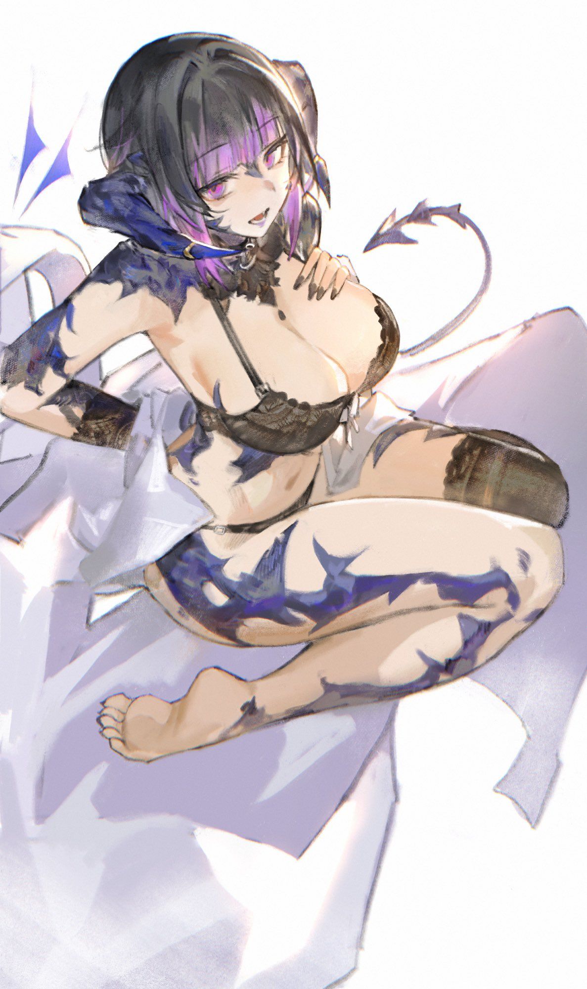 1girls, adult, adult female, ankles, au ra, bare armpits, bare belly, bare calves, bare chest, bare hands, bare hips, bare knees, bare legs, bare midriff, bare navel, bare shoulders, bare soles, bare thighs, barefoot, belly, belly button, big breasts, black bra, black fingernails, black hair, black horn, black horns, black legwear, black nail polish, black nails, black panties, black stockings, black tail, black thigh highs, black thighhighs, black underwear, black-haired female, blunt bangs, bra, breasts, busty, busty female, calves, cleavage, collarbone, copyright request, curvaceous, curvaceous body, curvaceous female, curvaceous figure, curvaceous hips, curvaceous thighs, curvy, curvy body, curvy female, curvy figure, curvy hips, curvy thighs, demon horn, demon horns, demon tail, digital, digital art, digital drawing, digital drawing (artwork), digital media, digital media (artwork), elbows, exposed armpits, exposed arms, exposed belly, exposed chest, exposed hips, exposed legs, exposed midriff, exposed navel, exposed shoulders, exposed skin, exposed thighs, exposed toes, eyebrows visible through hair, feet, female, female focus, female only, final fantasy, fingernails, fingers, full body, gradient hair, groin, half naked, half nude, hand on breast, hand on chest, hand on own breast, hand on own chest, high resolution, highres, horn, horns, hourglass figure, knees, large boobs, large breasts, lean figure, legs, legs folded, legwear, lips, long hair, looking at viewer, looking up, looking up at viewer, lucadark, mature, mature female, midriff, multicolored hair, nail polish, nails, naked, naked female, naked woman, narrow waist, navel, nude, nude female, nudity, open mouth, open mouth smile, panties, parted lips, plump breasts, purple eyebrows, purple eyes, purple hair, purple-eyed female, purple-haired female, seiza, semi nude, shoulders, sidelocks, simple background, sitting, sitting on floor, sitting on ground, sitting on knees, skeb commission, slender body, slender waist, slim waist, soles, solo, stockings, tail, thick thighs, thigh highs, thighhighs, thighs, toes, tongue, underwear, underwear only, wariza, white background, wide hips
