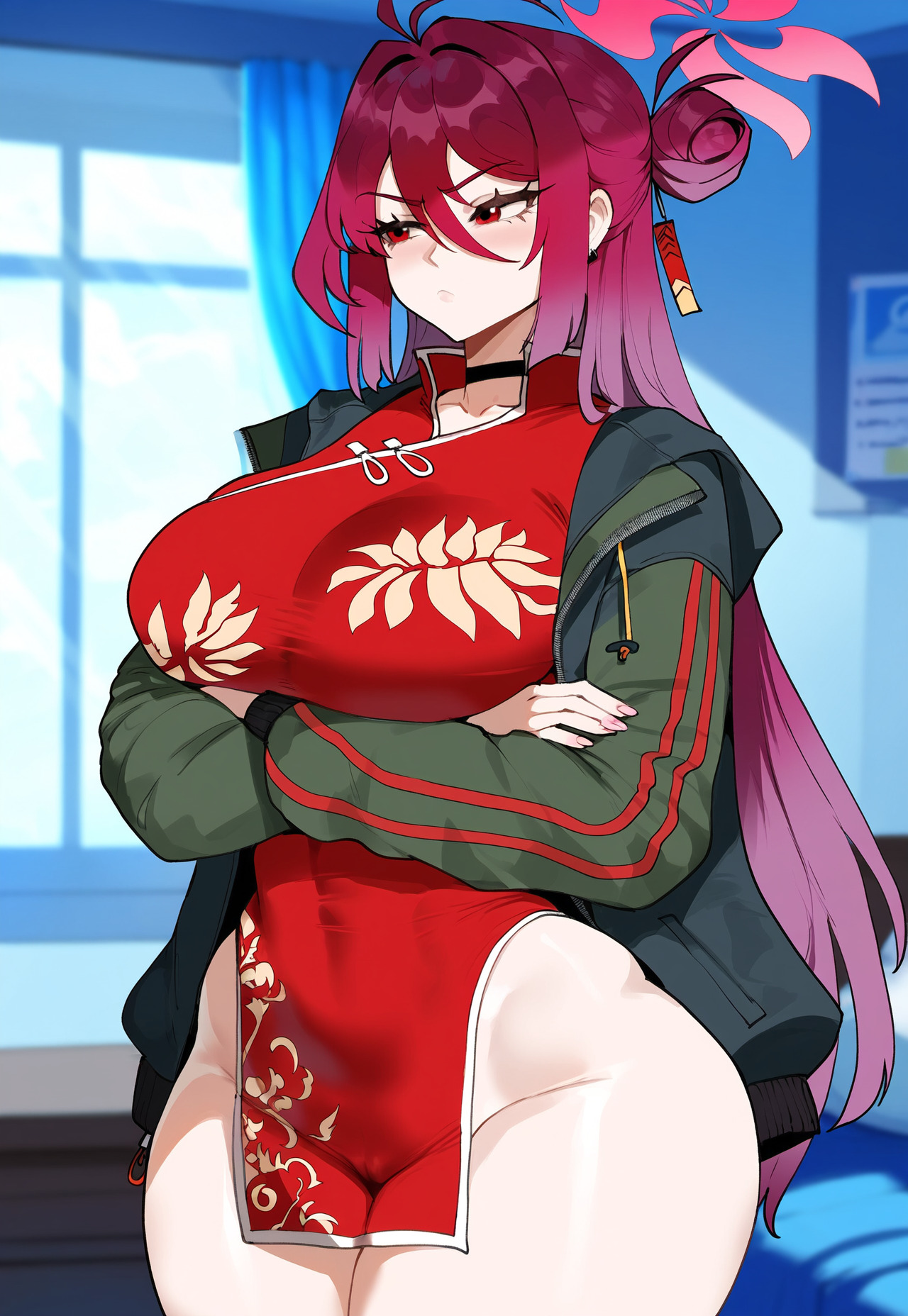 1girls, ai generated, ass, big breasts, black tortoise promenade (blue archive), blue archive, breasts, female, female focus, halo, hips, huge ass, huge breasts, juuicyai, large breasts, light-skinned female, red eyes, red hair, reijo (blue archive), shanhaijing secondary school student, thick thighs, thighs, wide hips