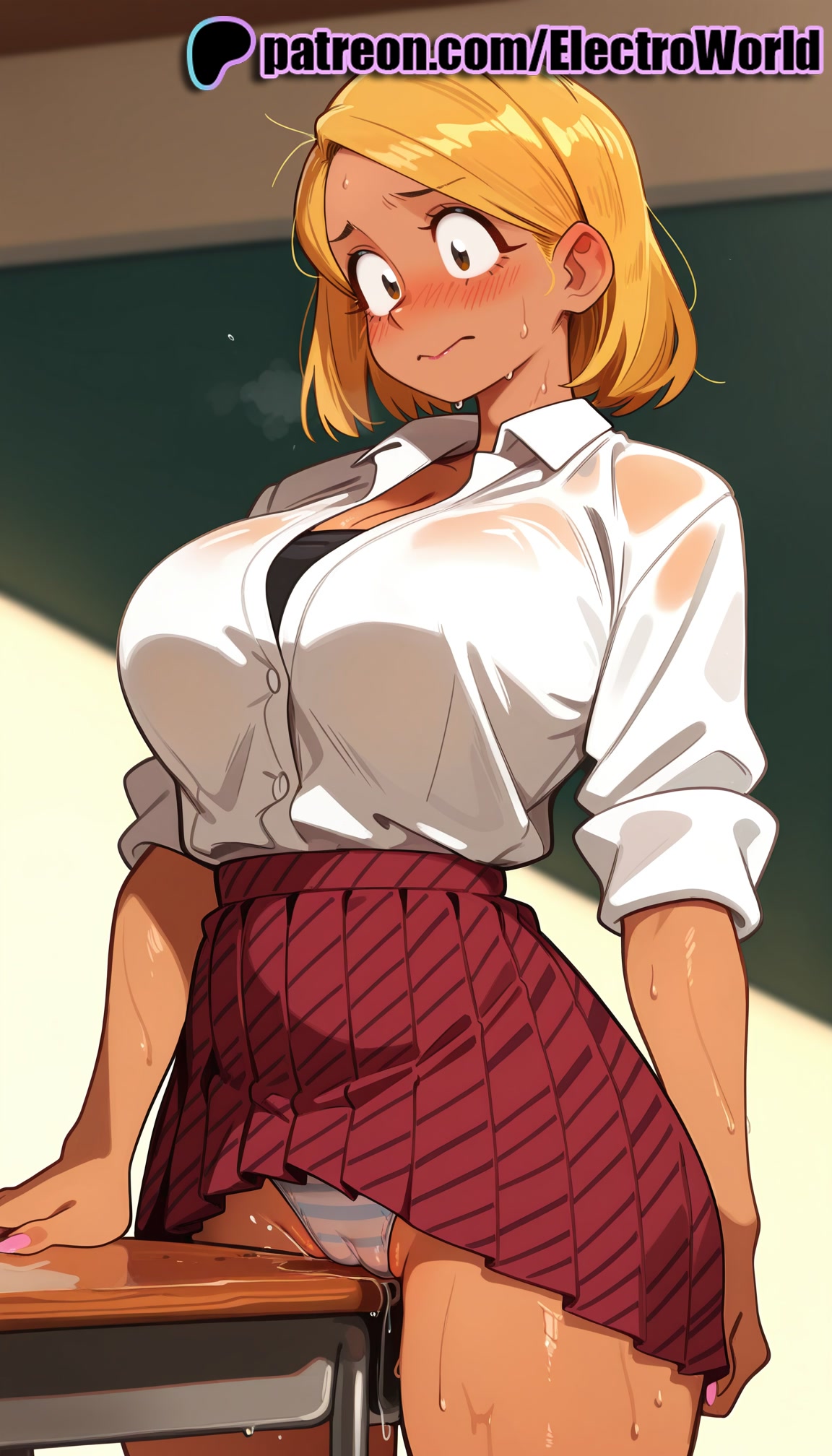 1girls, 2025, ai generated, artist name, big breasts, big chest, blonde hair, blush, breasts, bust, busty, chest, classroom, clothed masturbation, corner masturbation, crotch rub, dark skin, dark-skinned female, desk, electroworld, english text, female, hi res, high quality, high resolution, highres, humping, indoors, komi-san wa komyushou desu, large breasts, manbagi rumiko, masturbation, masturbation through clothing, nail polish, panties, patreon, patreon username, pussy, pussy juice, rubbing pussy, shirt, short hair, skirt, solo, stable diffusion, sweat, table humping, underwear, watermark, wet