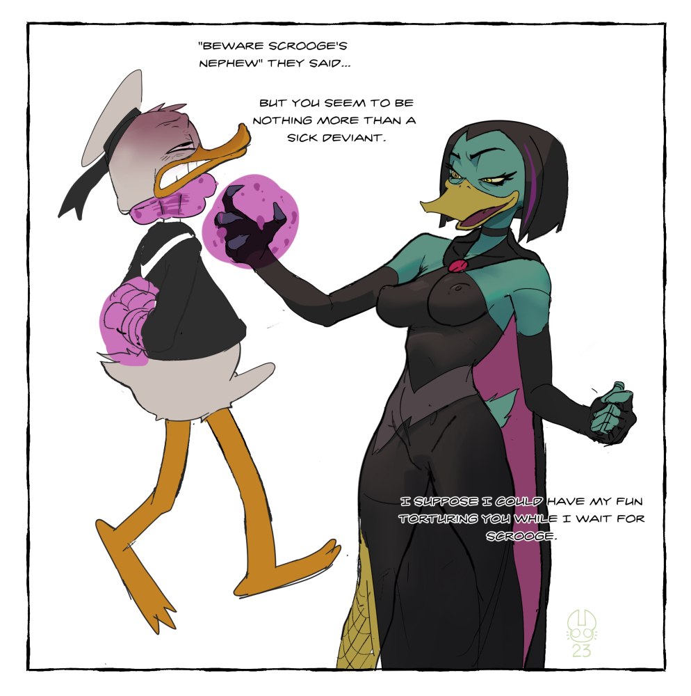 areolae, asphyxiation, bdsm, big breasts, bondage, boner, breasts, choking, disney, dominatrix, donald duck, dubious consent, duck, ducktales, ducktales (2017), duo, female, femdom, fingerless gloves, looking at partner, magic, magica de spell, matchattea, nonconsensual, pussy, tight clothing, victorious villainess, villainess, villainess dom, visible nipples, visible pussy