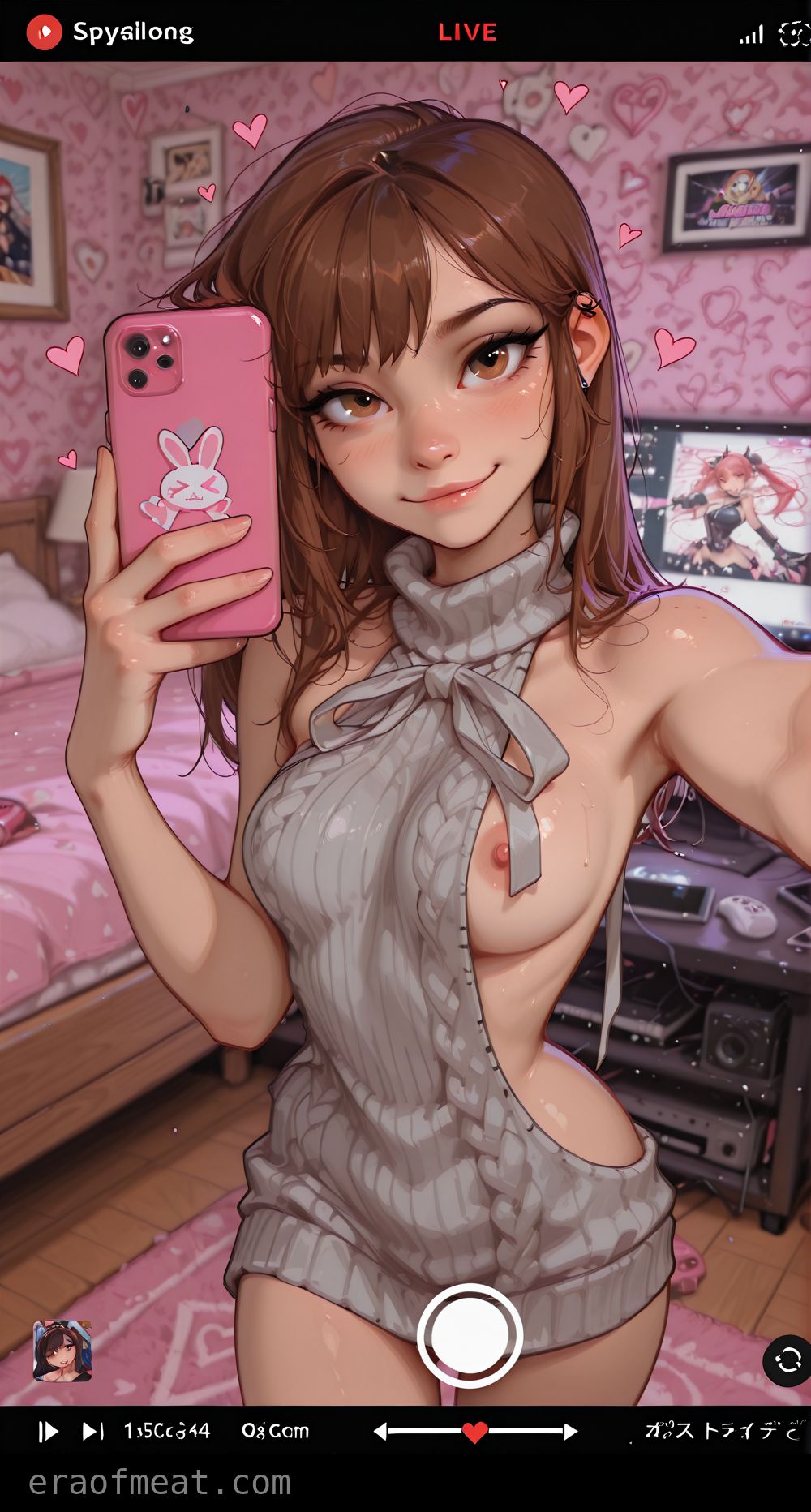 1girls, ai generated, breasts, d.va, female, meat master, medium breasts, nipples, overwatch, overwatch 2, selfie, streaming, teenage female, teenager, virgin killer sweater
